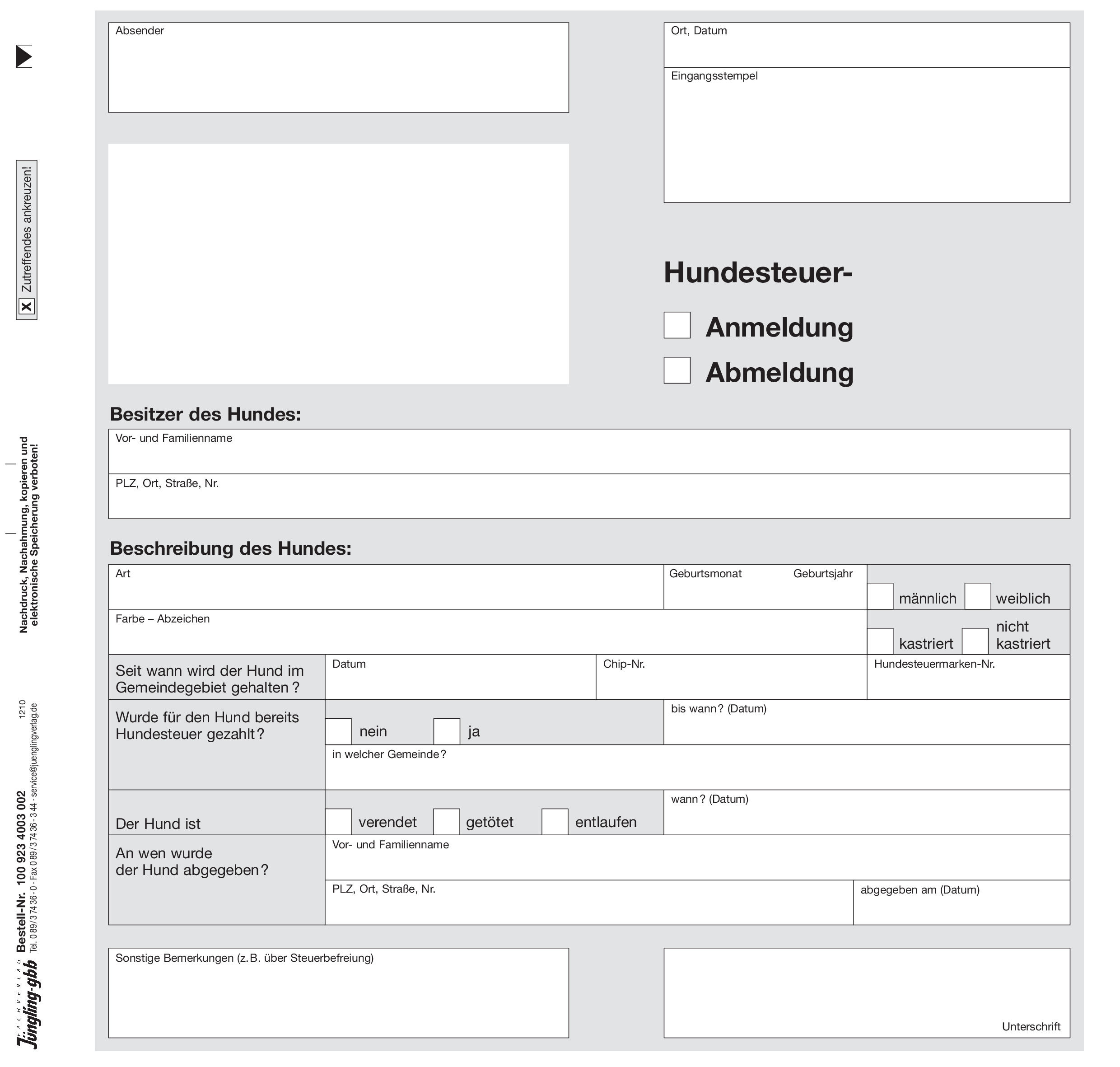 Hundesteuer-An-/Abmeldung Formular, 2/3 DIN A4, 2fach