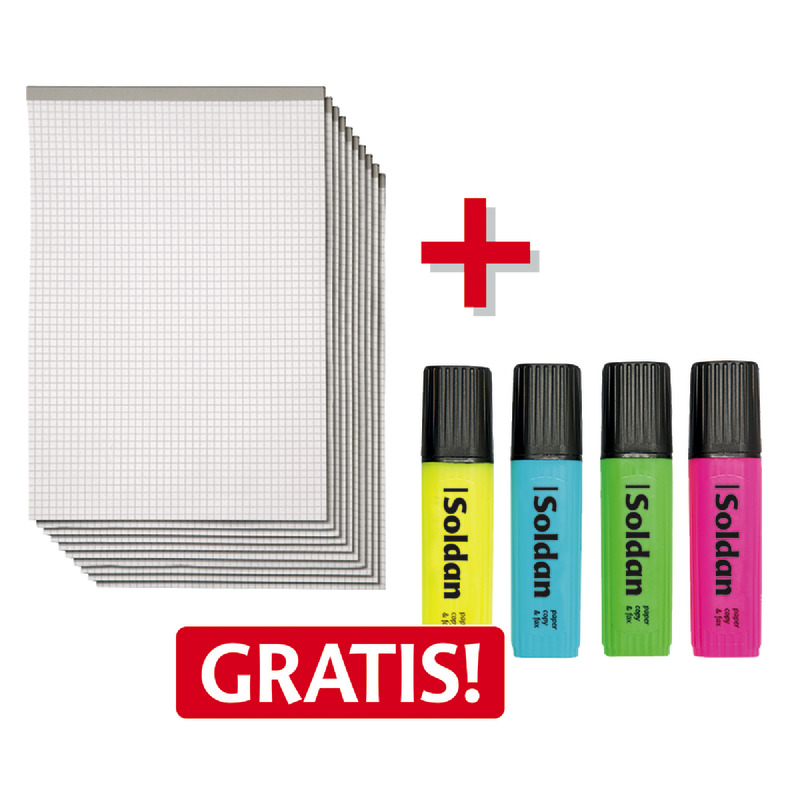 Spar-Set! 10 SoldanPlus Notizblöcke DIN A6 kariert + 1 Etui Textmarker GRATIS