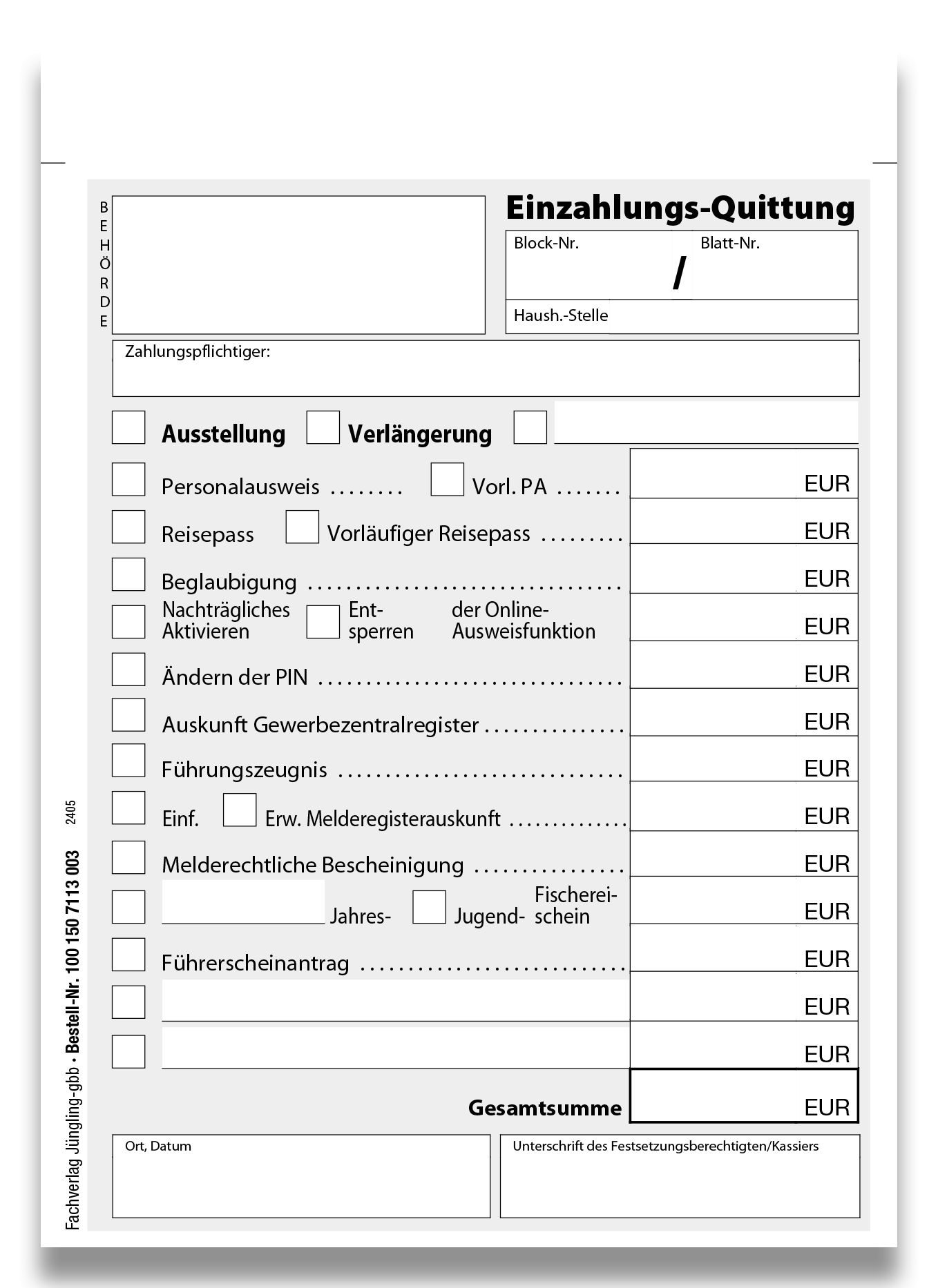 Quittung Pass- und Meldeamt, Block, 3-fach SD