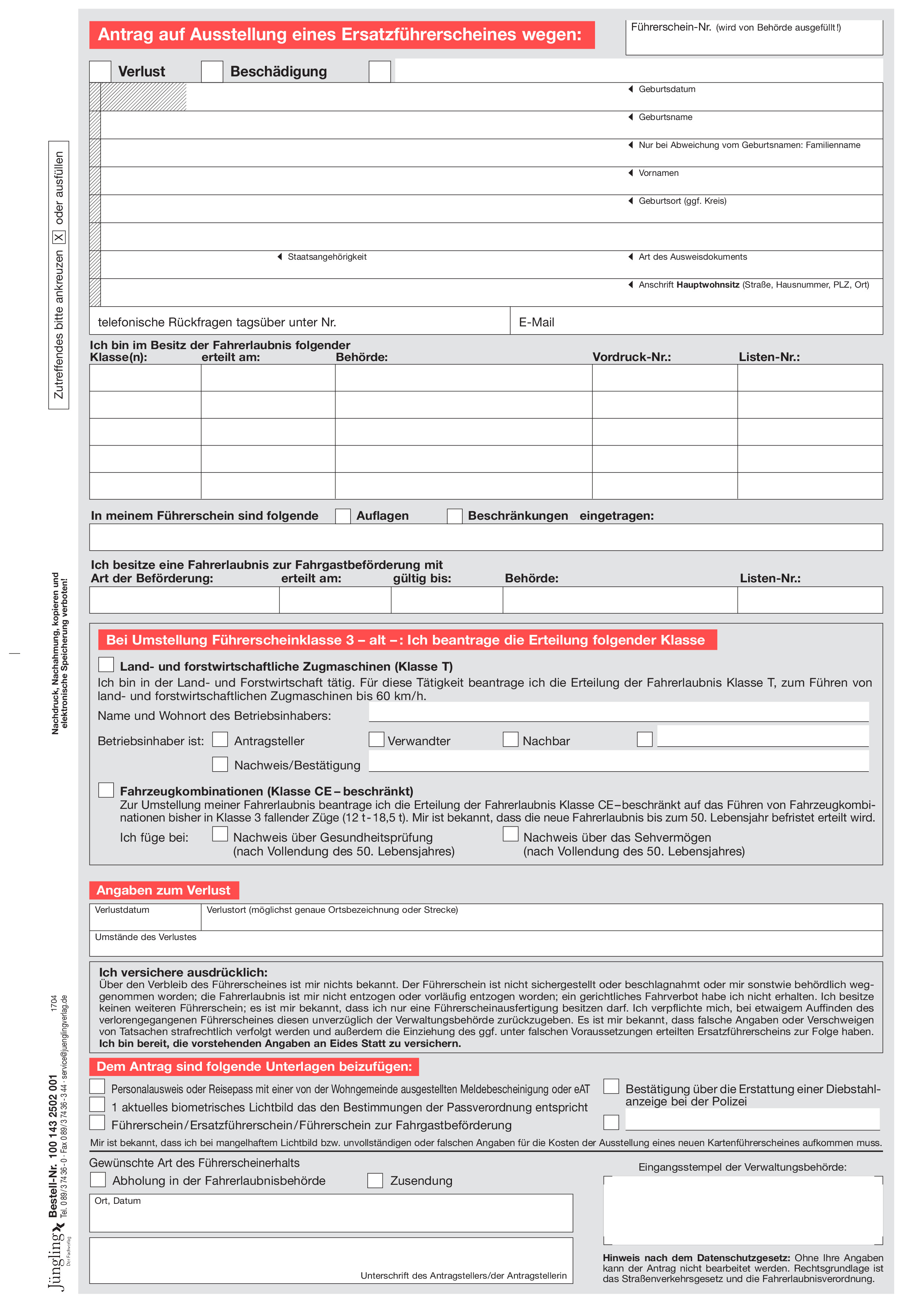 Antrag auf Ausstellung eines Ersatzführerscheins wegen Verlust / Beschädigung, A4, 4-seitig