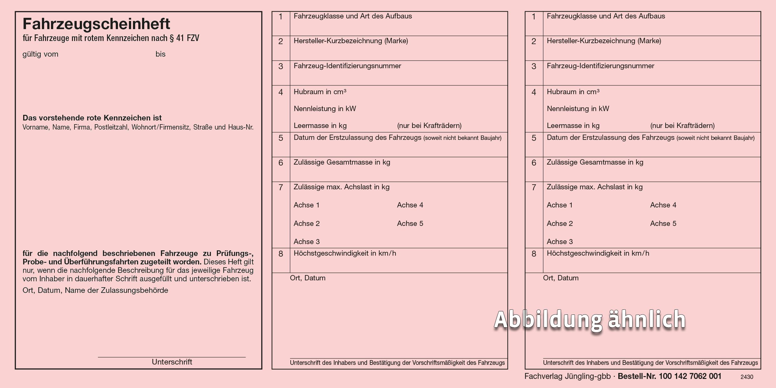 Fahrzeugscheinheft Rotes Dauerkennzeichen, hellrot, 24 Seiten
