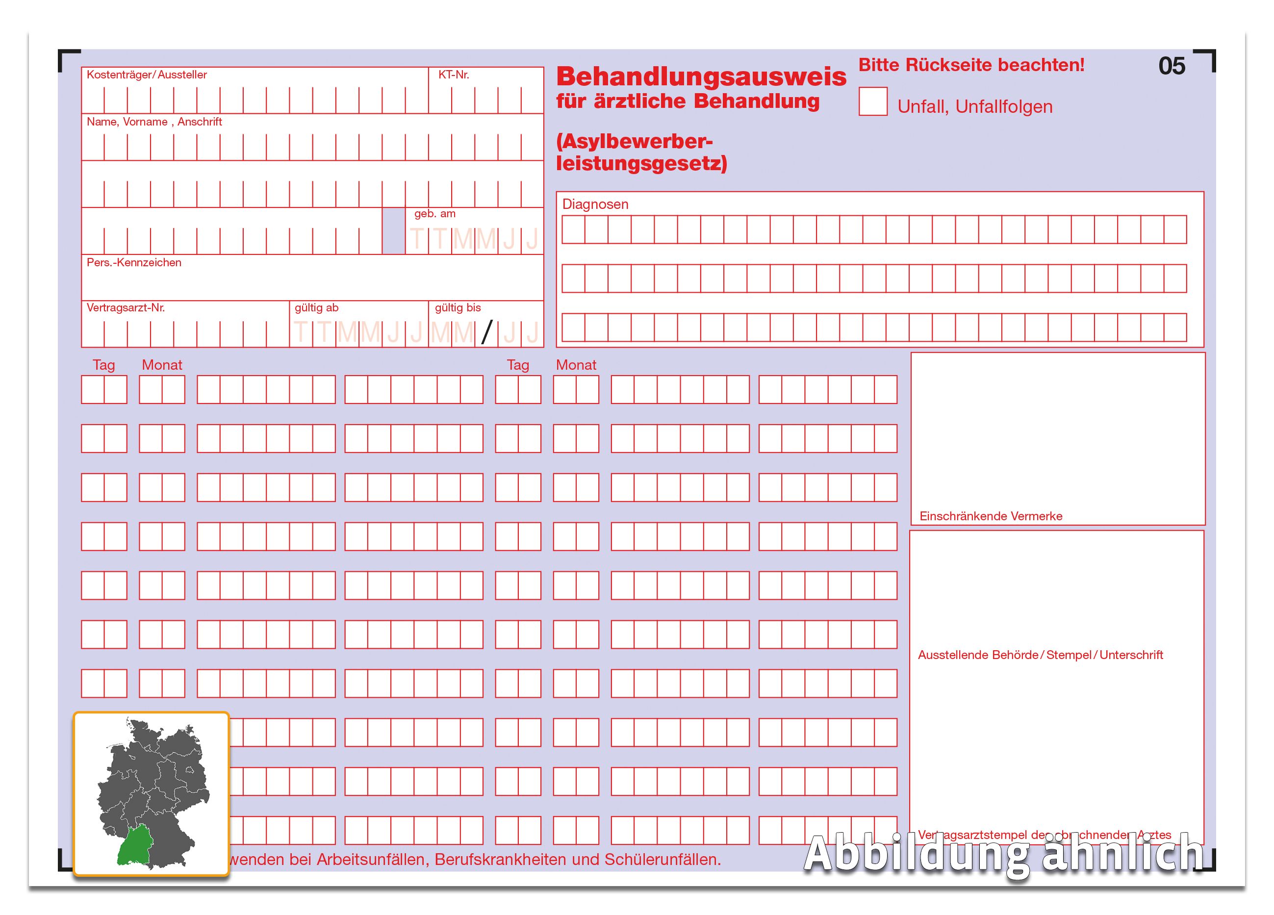 Behandlungsausweis für ärztliche Behandlung AsylbLG (Muster für Baden - Württemberg), A5