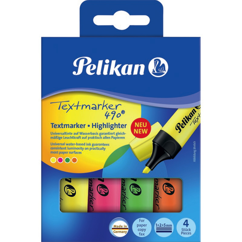 Pelikan Textmarker 490, Etui mit 4 farbsortierten Markern - farbig sortiert