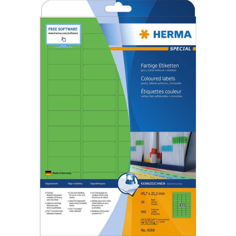 HERMA Farbige Etiketten DIN A4, 45, 7 x 21, 2 mm, ablösbar, Papier matt, 960 St. - grün