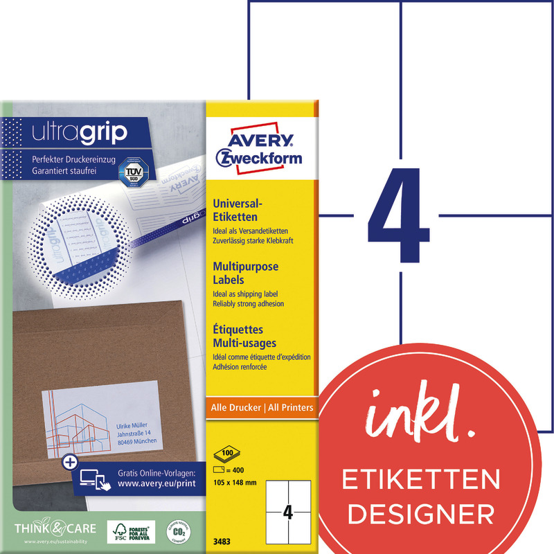 AVERY® Zweckform Universal-Etiketten 3483, permanent haftend, weiß, B x H: 105 x 148 mm, Pack: 400 Stück