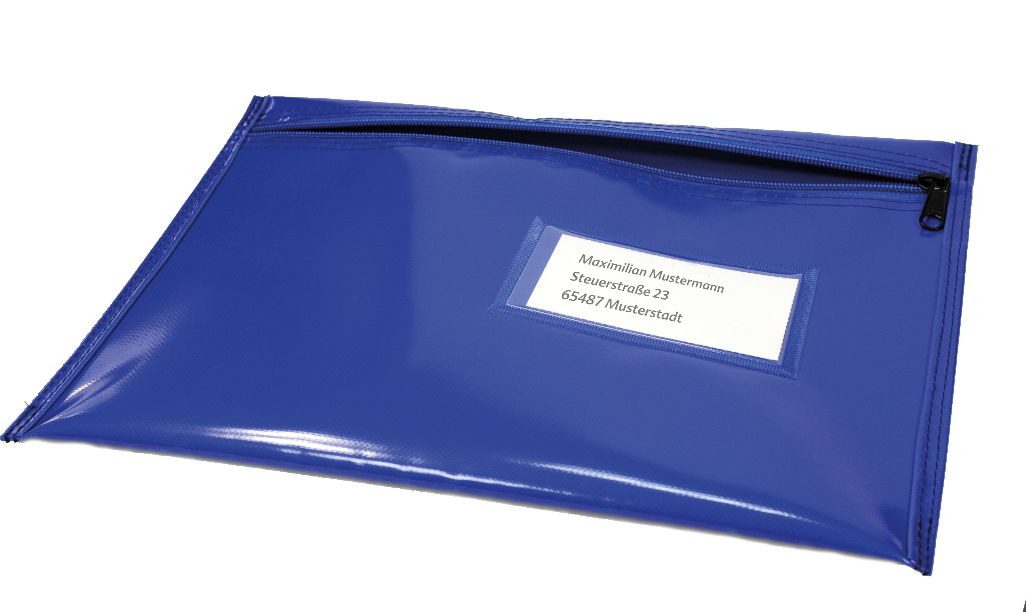 Flache Post-/Dokumententasche, blau, mit Reißverschluss und Adressfenster Flache Post-/Dokumententasche, blau, mit Reißverschluss und Adressfenster