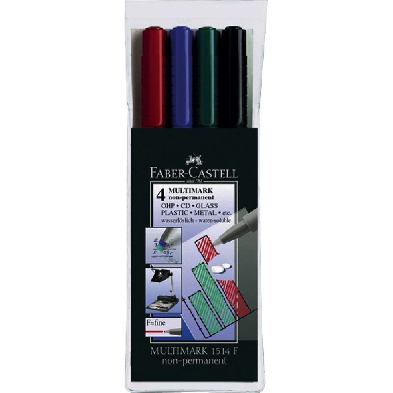 FABER-CASTELL OHP - Permanent Multi-Marker Folienstift, Etui mit 4 farbsortierten Stiften