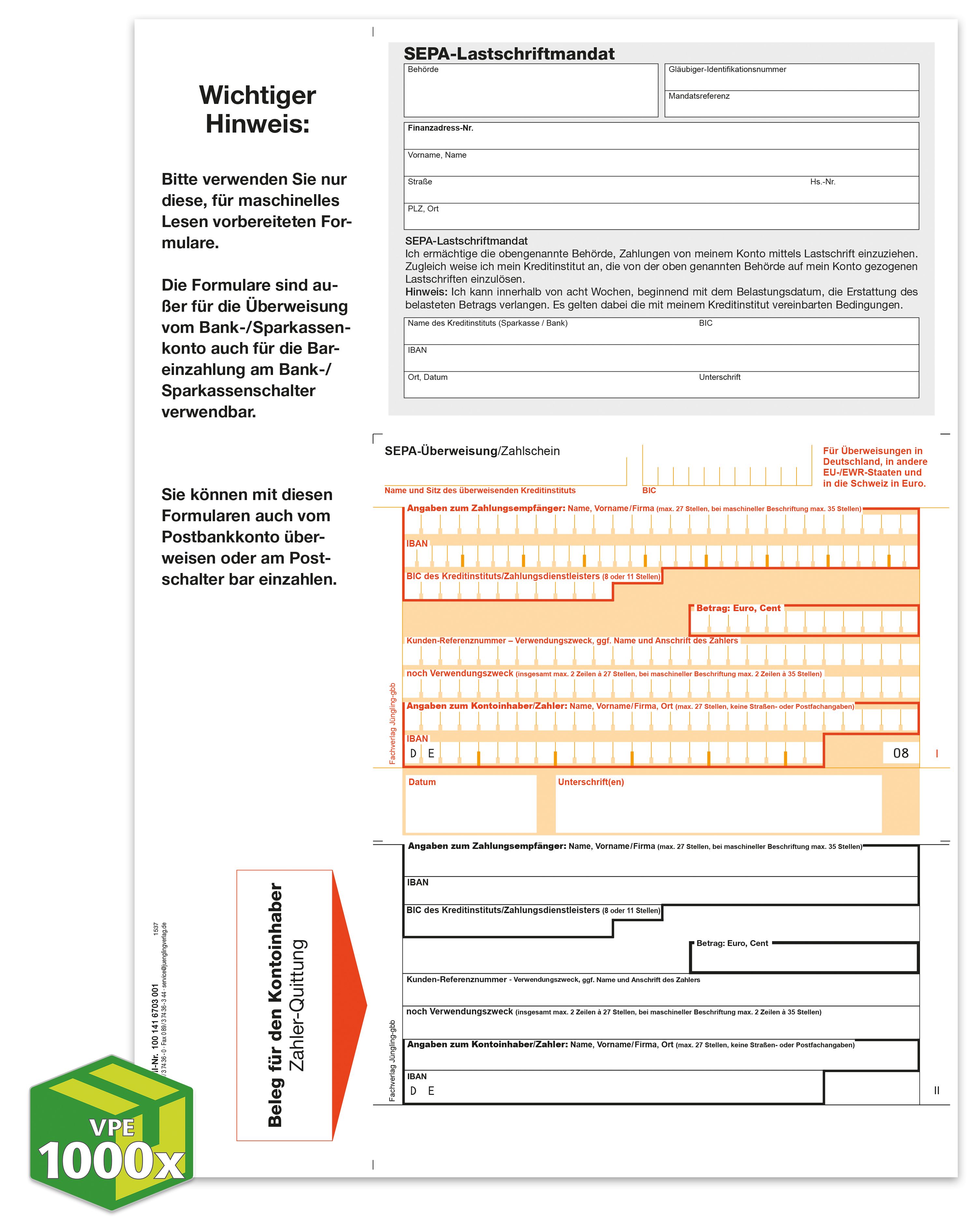 Zahlschein + SEPA-Lastschriftmandat, VKE 1000 Stück