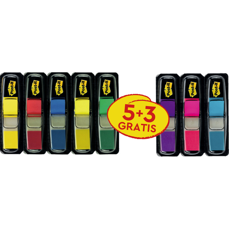 Post-it® Index Haftstreifen, Mini, Verschiedene Farben, 11.9 mm x 43.2 mm, 35 Haftstreifen/Spender, 5 Spender + 3 Gratis/Packung