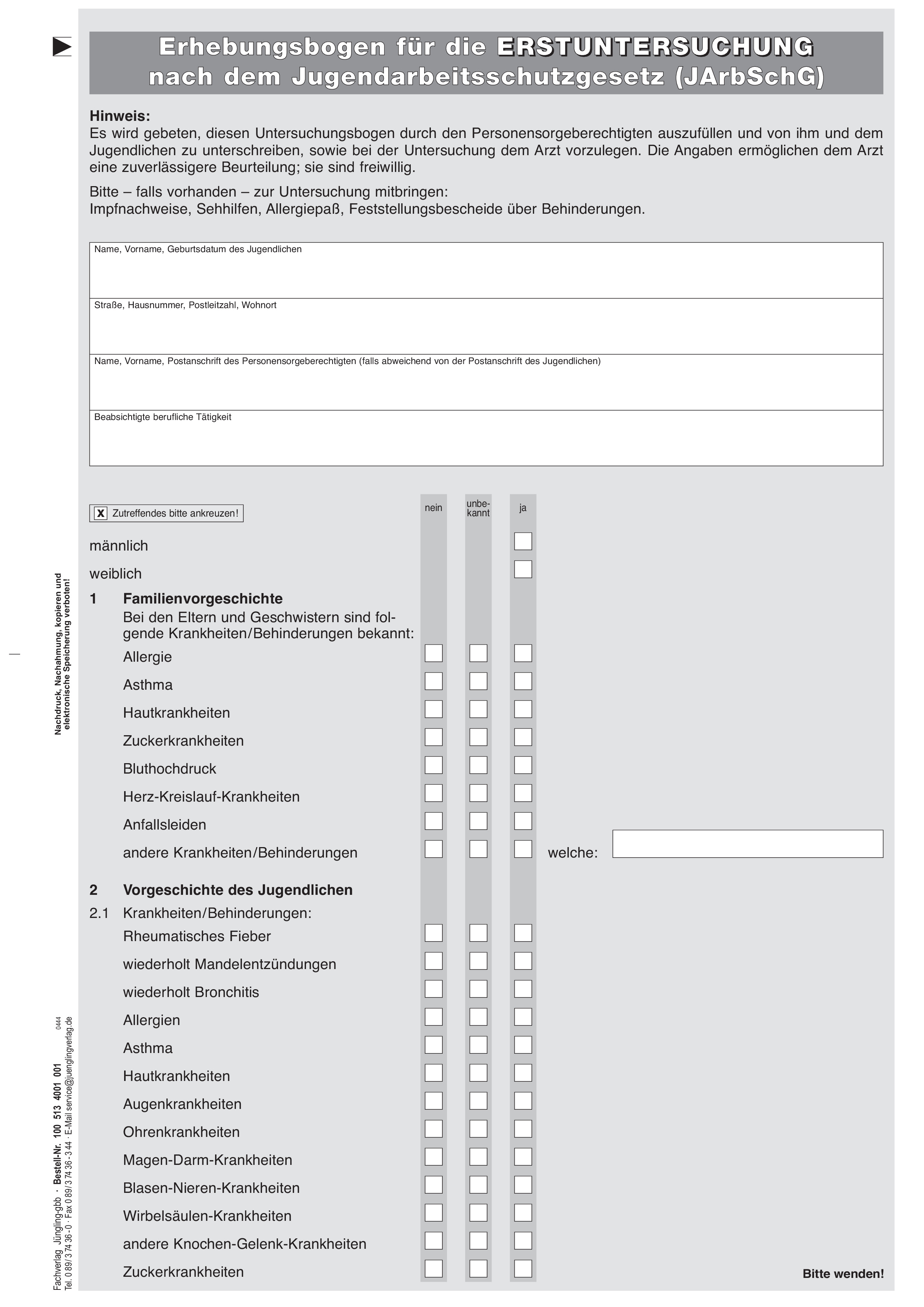 Erhebungsbogen Jugendarbeitsschutzgesetz Erstuntersuchung, A4