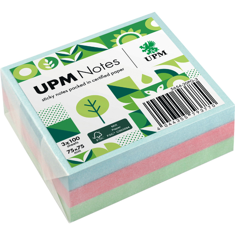 UPM NOTES Haftnotizen 75 x 75 mm, 3 x 100 Blatt Pastell-Mix