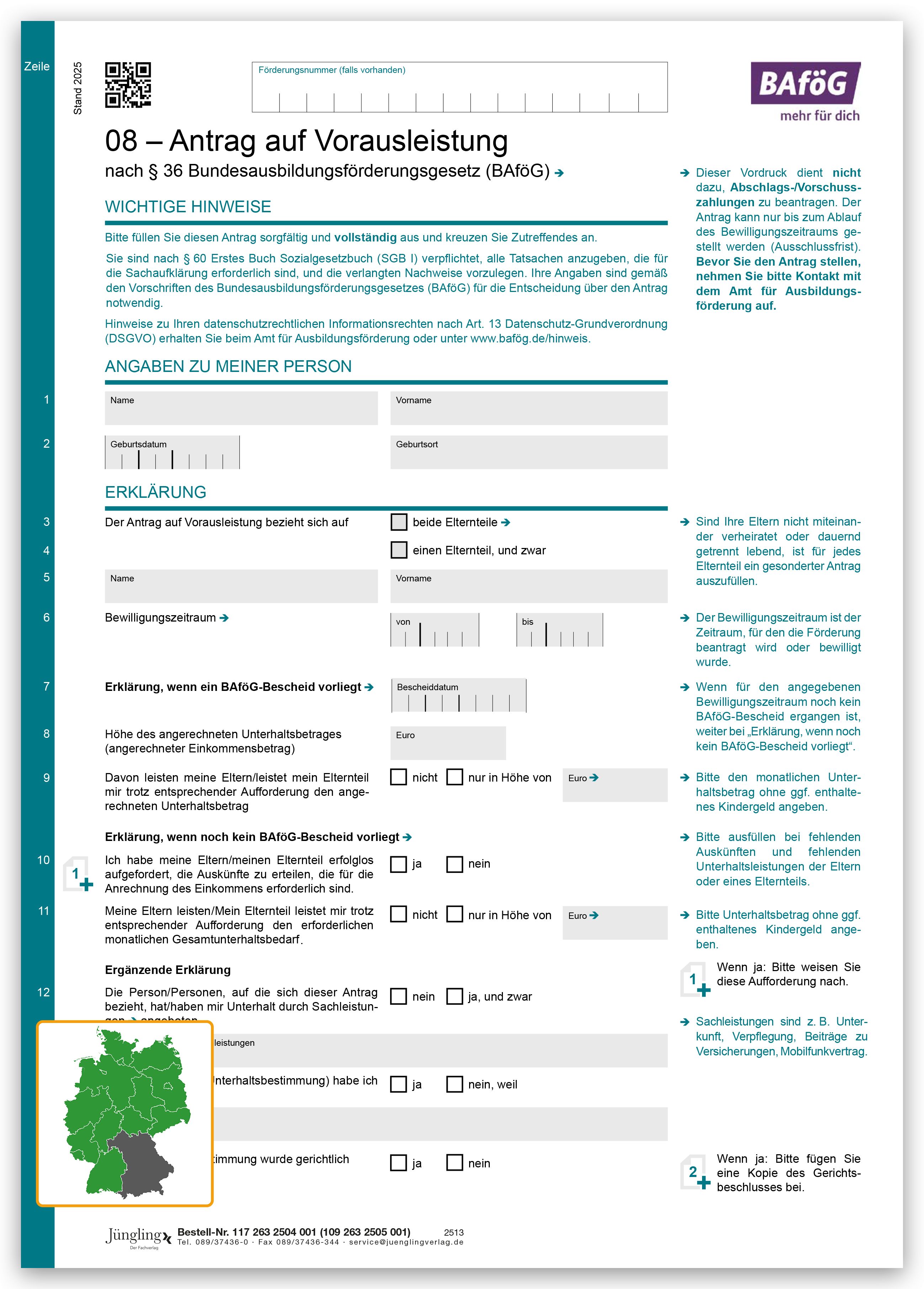Formblatt 08 - Antrag auf Vorausleistung, 2-seitig, weiß/petrol