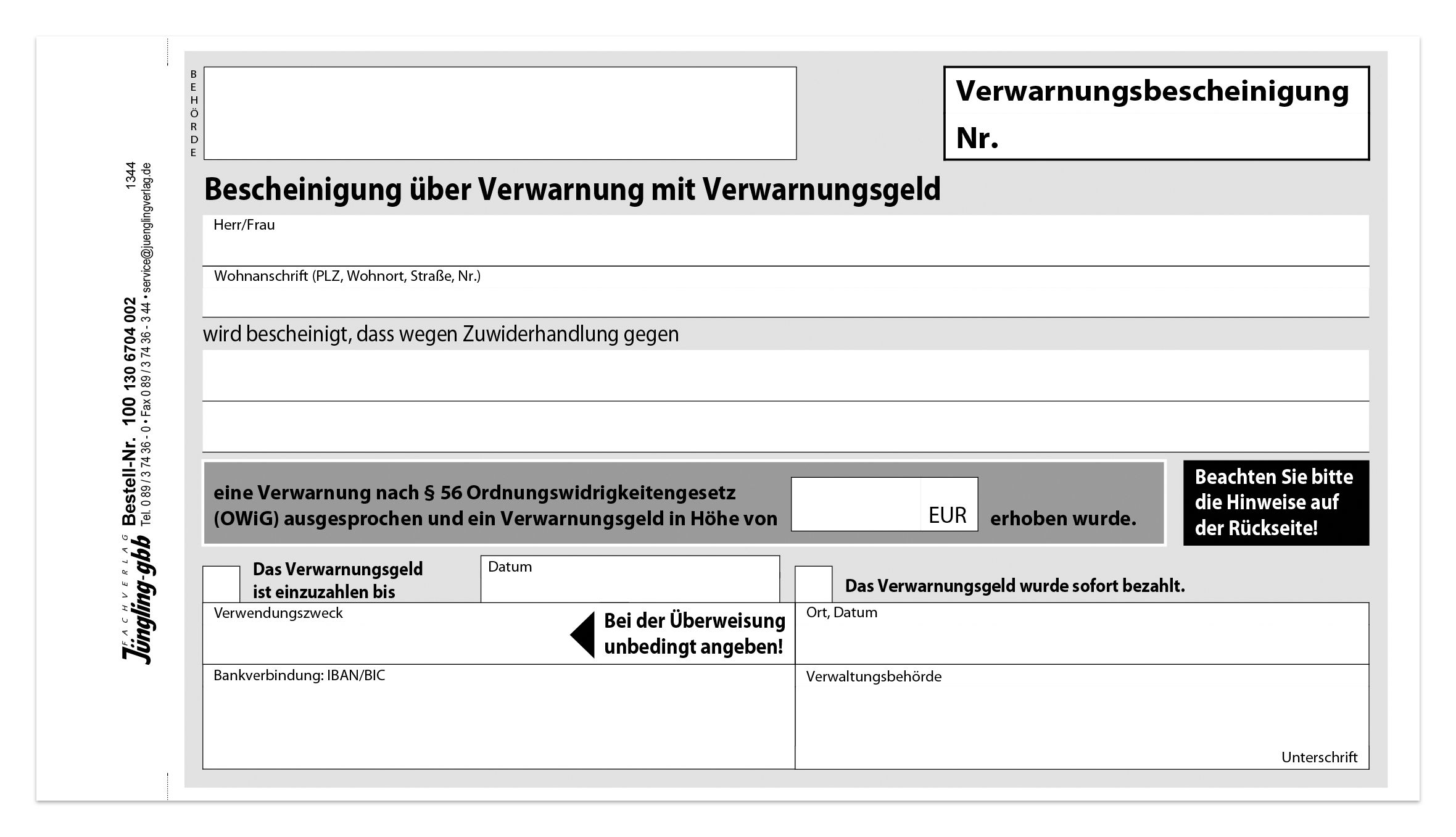 Verwarnungsbescheinigung, 190 x 105 mm, 2-fach, SD, nummerisch aufsteigend