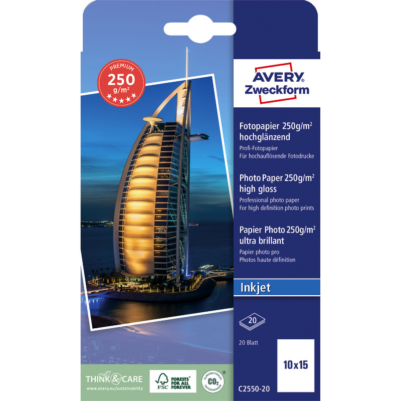 AVERY Zweckform Premium Inkjet Fotopapier, hochglänzend, 10 x15, 250 g/m², Packung: 20 Blatt