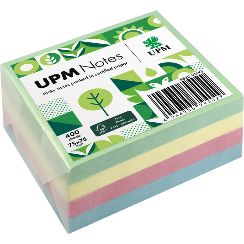 UPM NOTES Haftnotizwürfel 75 x 75 mm, 400 Blatt, Pastell-Mix