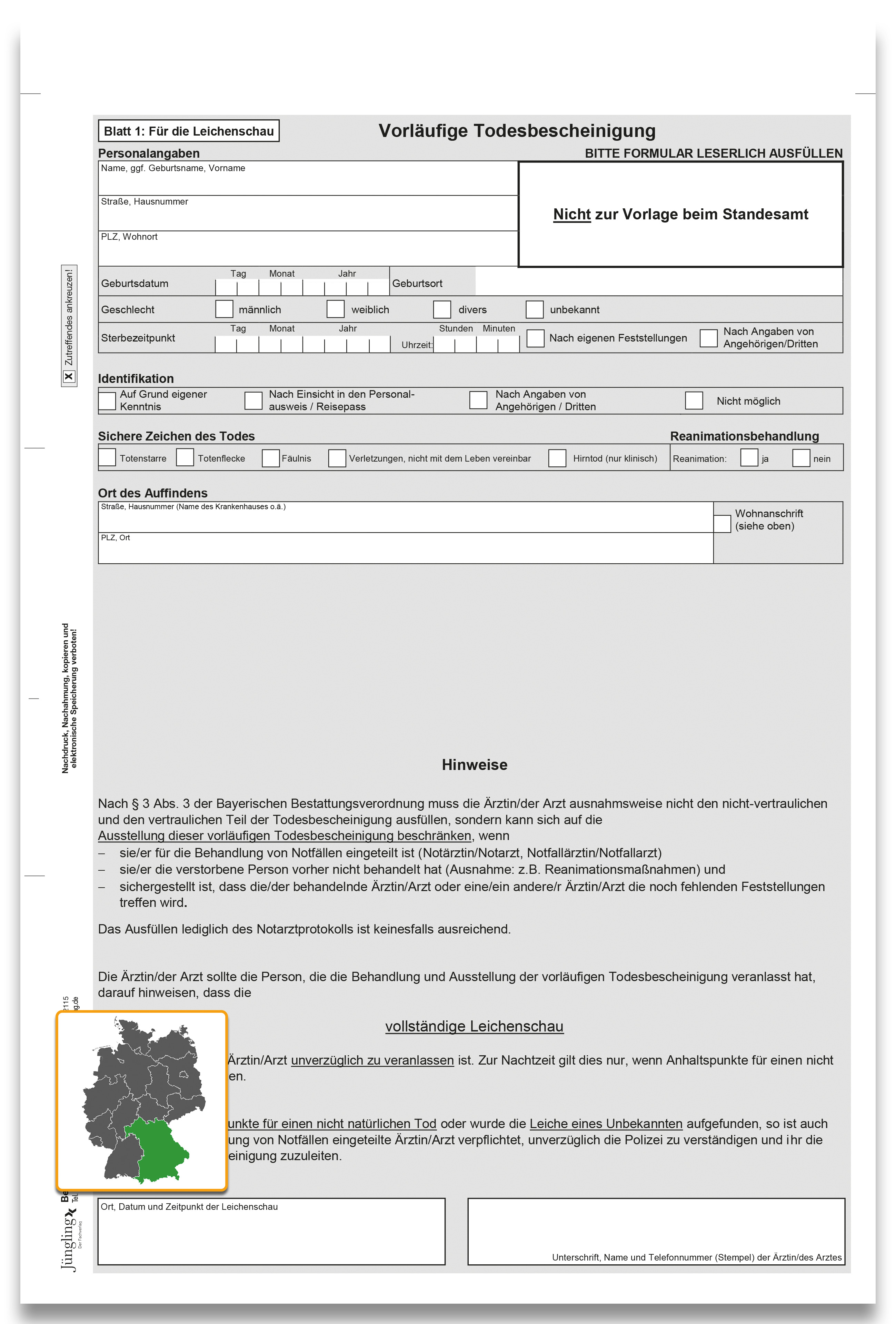 Vorläufige Todesbescheinigung, Bayern, 