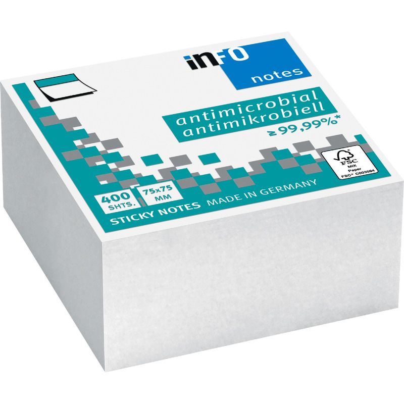 INFO NOTES Antimikrobielle Haftnotizen-Würfel, 75 x 75 mm, 400 Blatt - weiß