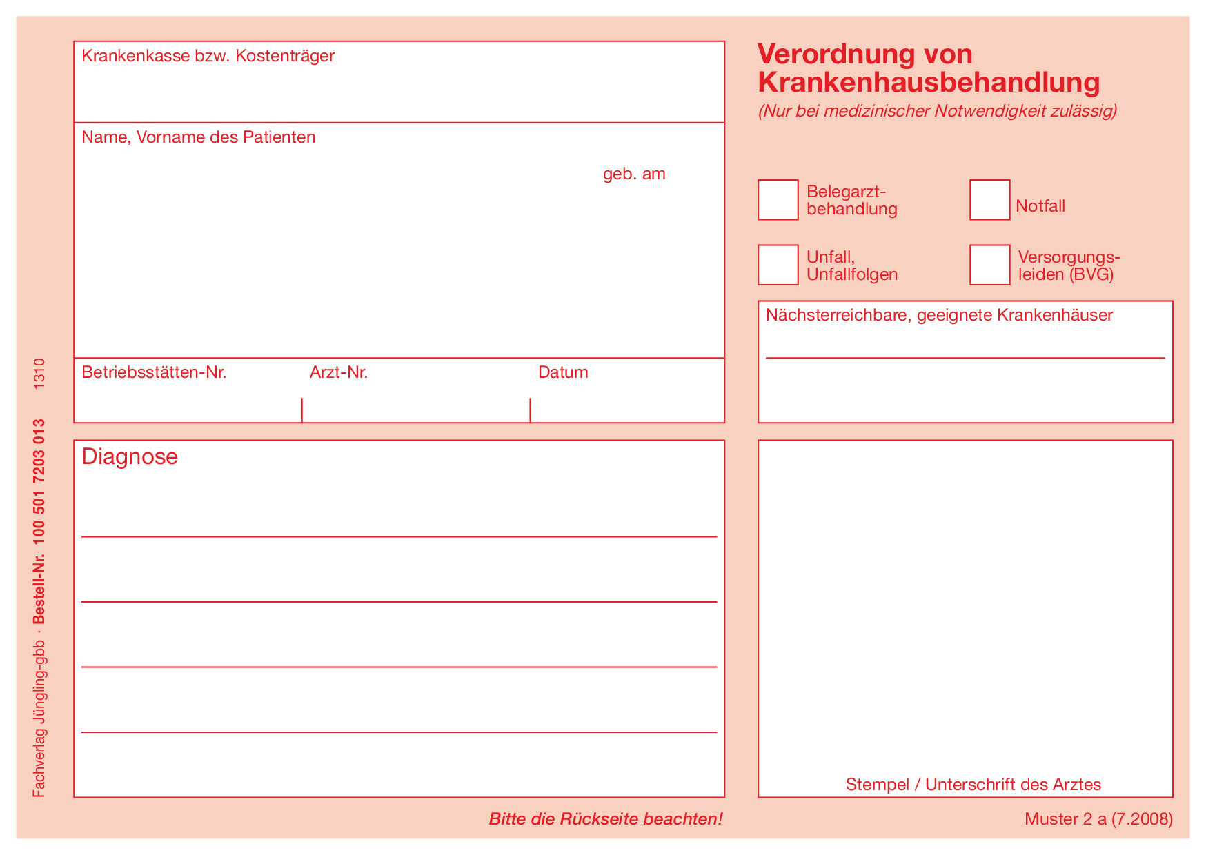 Verordnung für Krankenhausbehandlung, Formulare für Privatärzte, A5, 3-fach SD