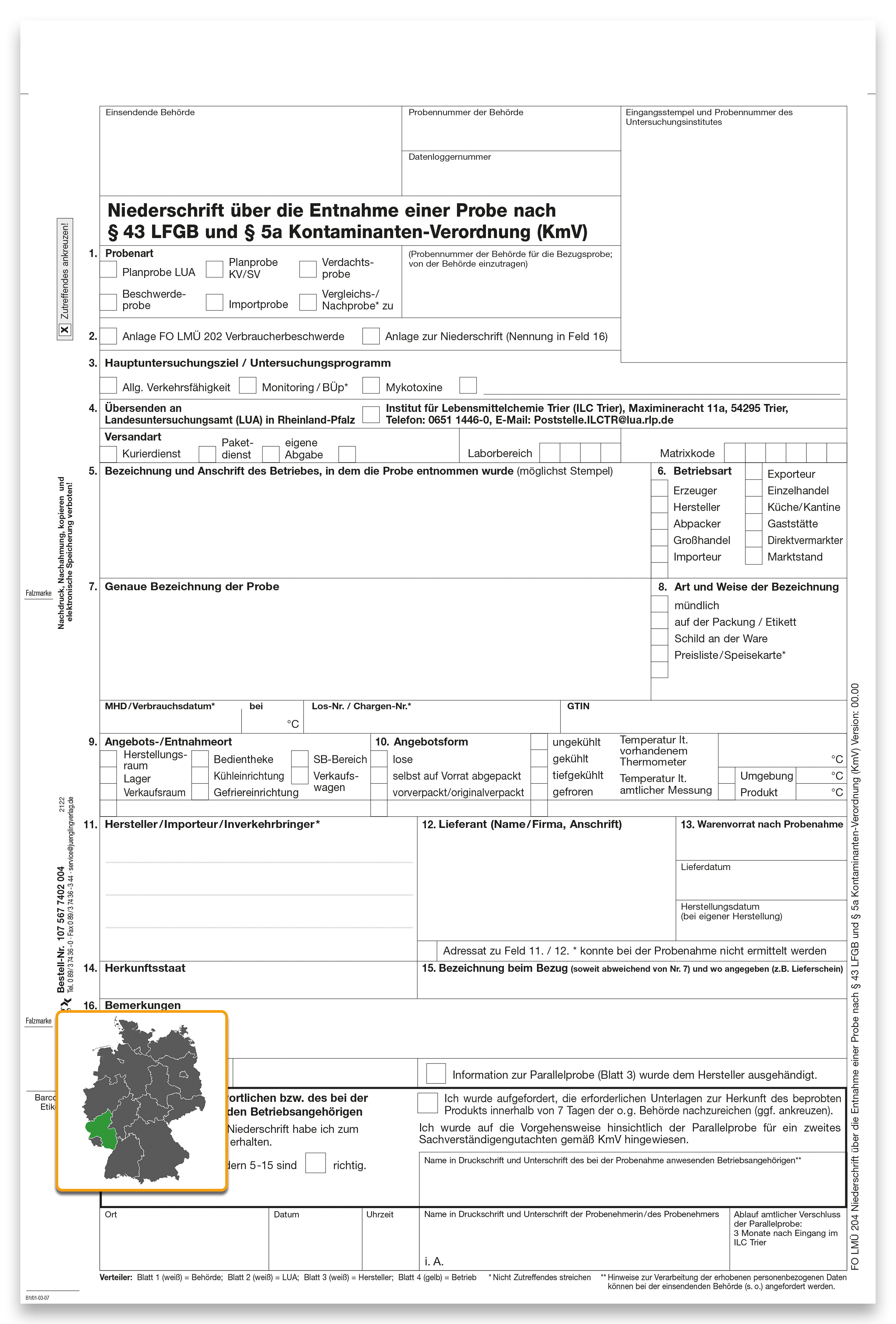 Lebensmittel-Probenahmeniederschrift, § 43 LFGB und § 5a Kontaminanten-Verordnung (KmV) A4, 4fach, SD