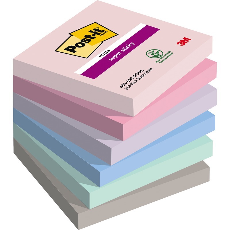 Post-it® Haftnotizen Super Sticky Notes, 76 x 76 mm, farbsortiert, 6 Blöcke - Soulful bunt