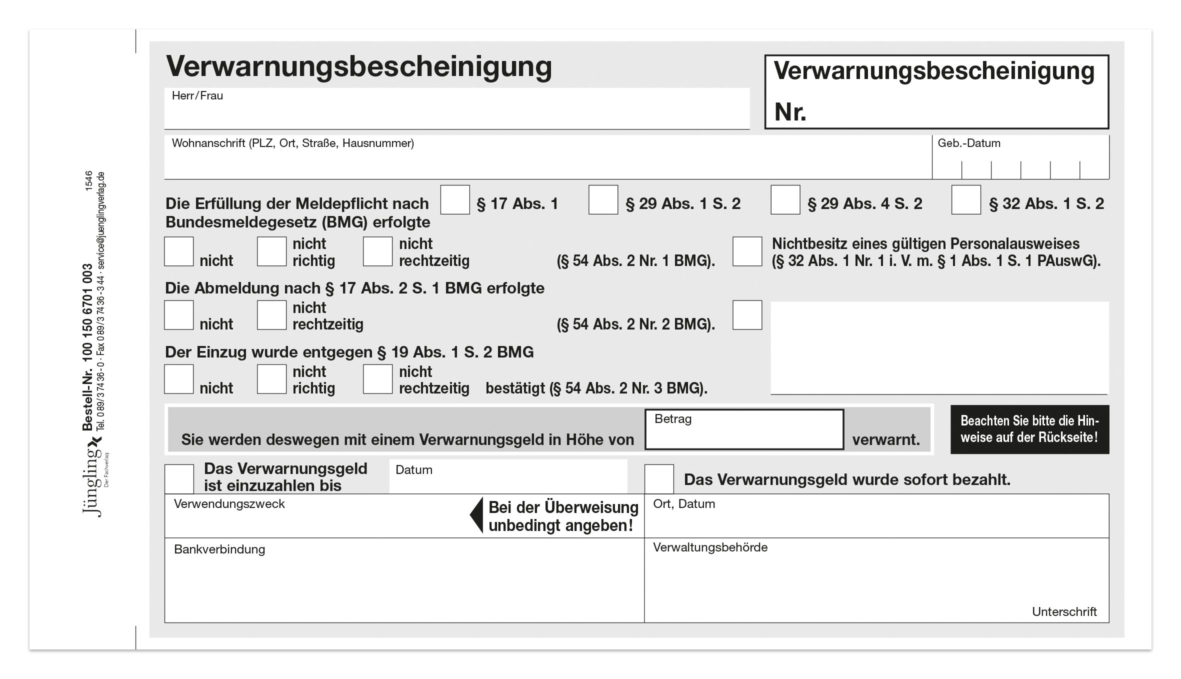 Verwarnungsbescheinigung, 3-fach SD, 190 x 105 mm