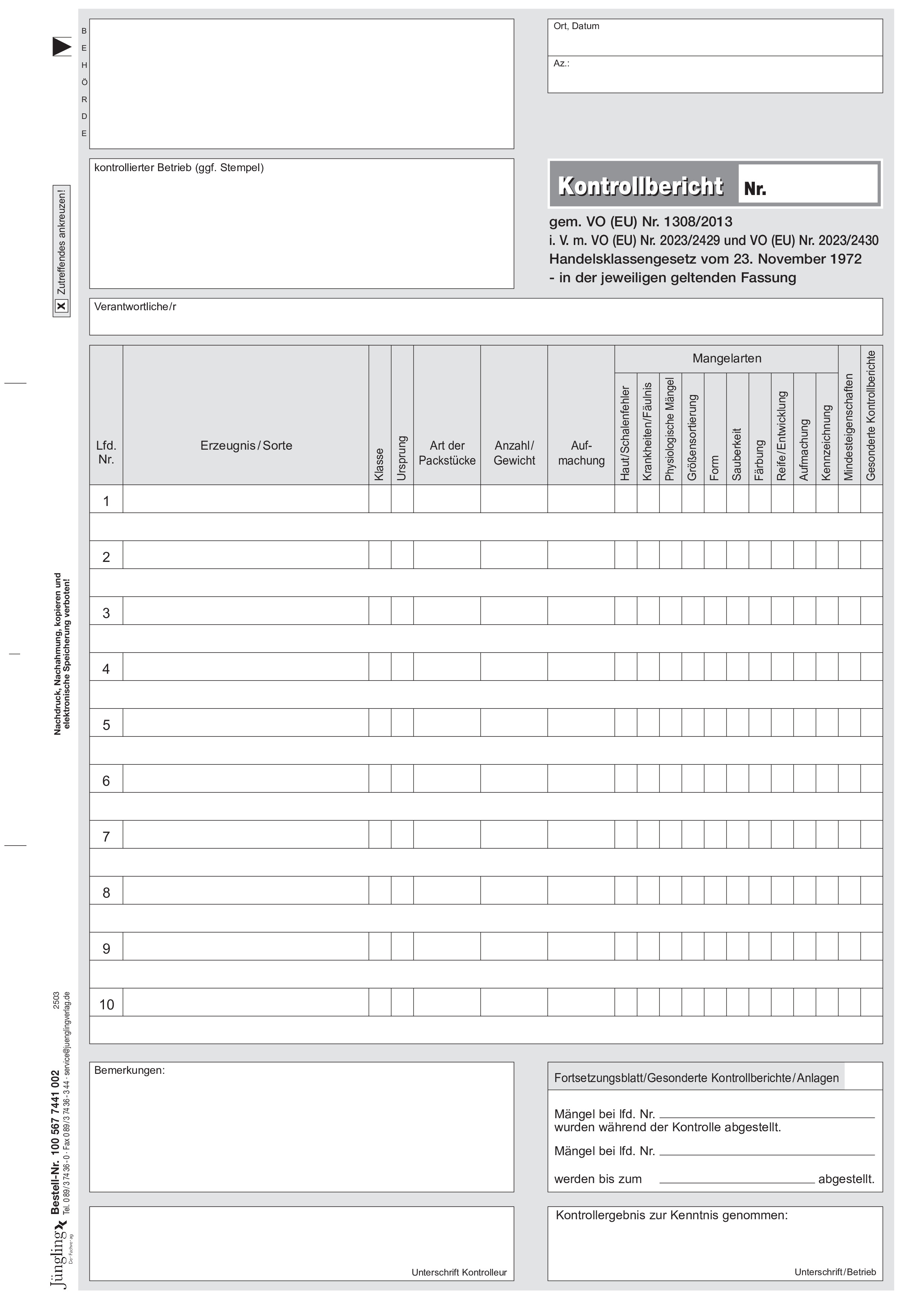 Hauptkontrollbericht für Handelsklassen, A4 2-fach