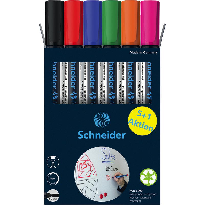 5 + 1 GRATIS! 6 SCHNEIDER Flipchart- und Boardmarker Maxx 290
