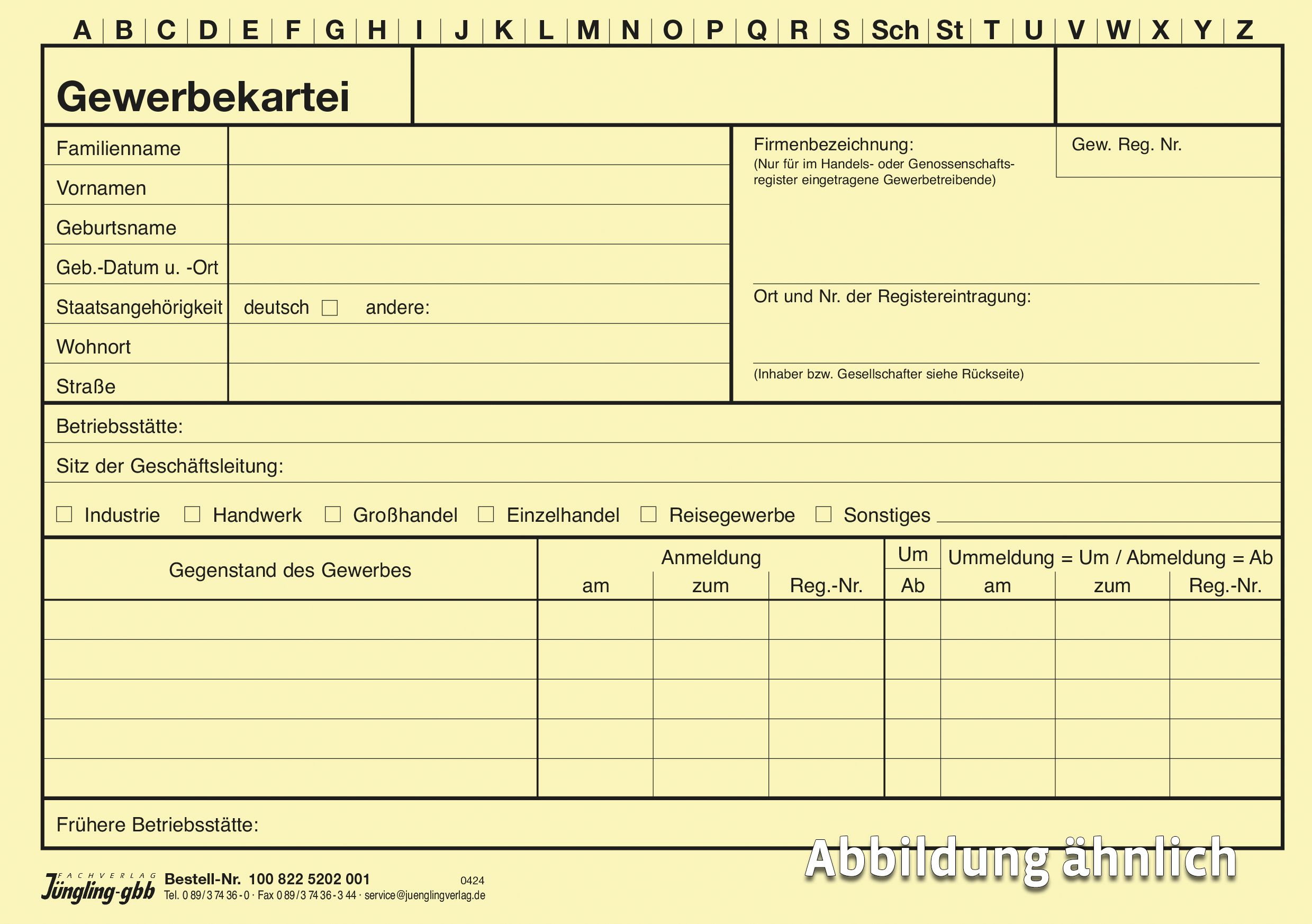 Gewerbekartei, 2-seitig, gelb, Ecken gerundet