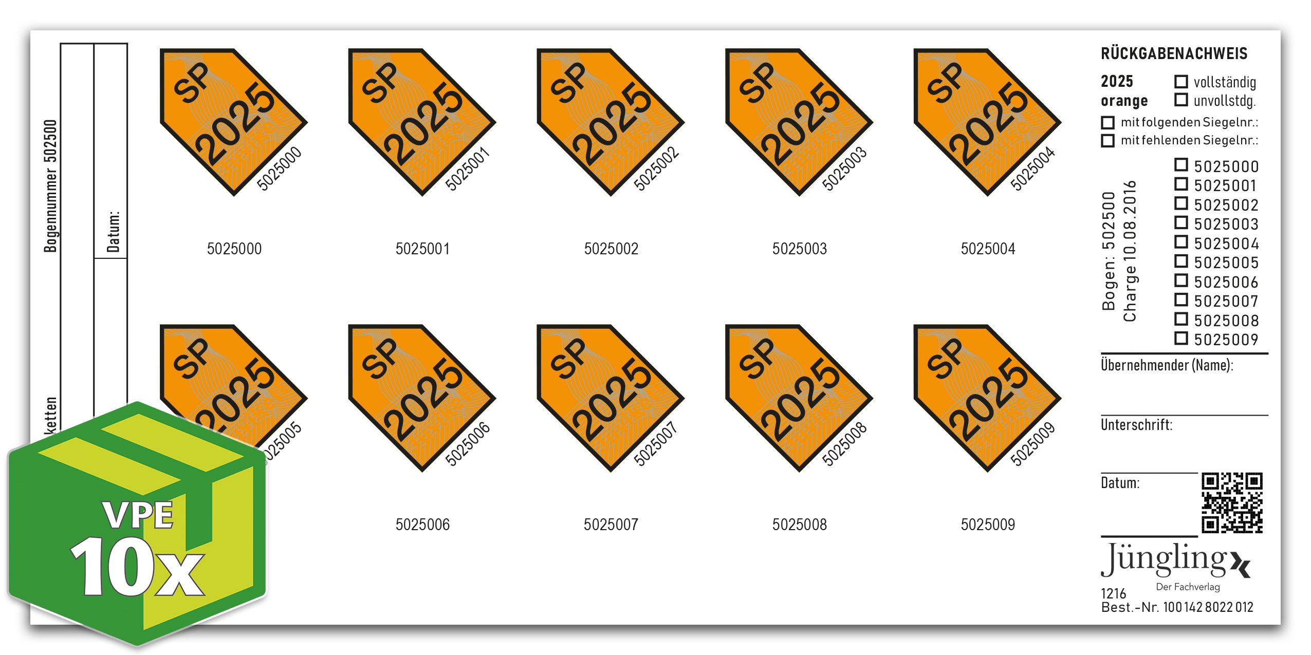 SP-Prüfmarke 2025, orange, Verlagsnummerierung, VKE 100 Stück