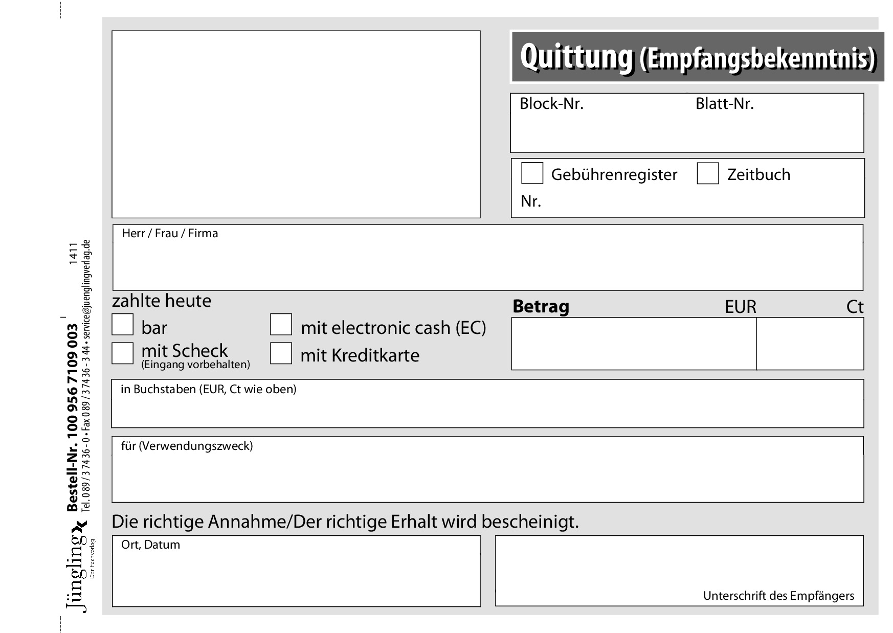 Quittung für eine Forderung, mit Block-/Blattnummer, Block, A6, 50 Satz, 3-fach