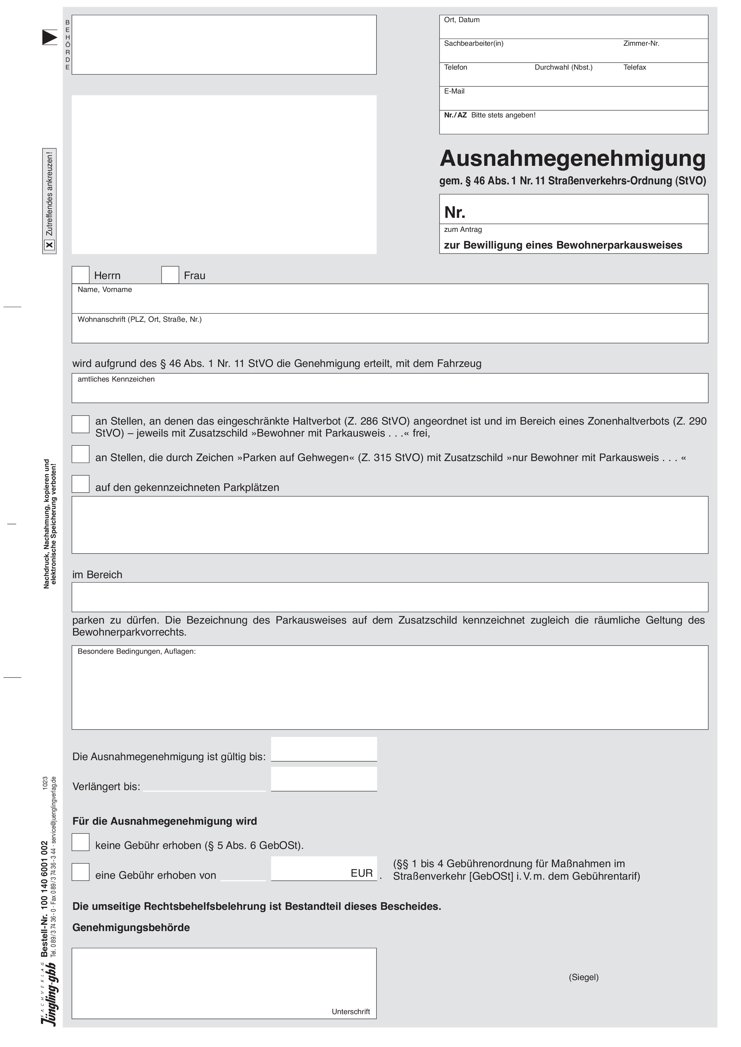 Ausnahmegenehmigung gemäß § 46 Abs. 1 StVO, Bewohnerparkausweis