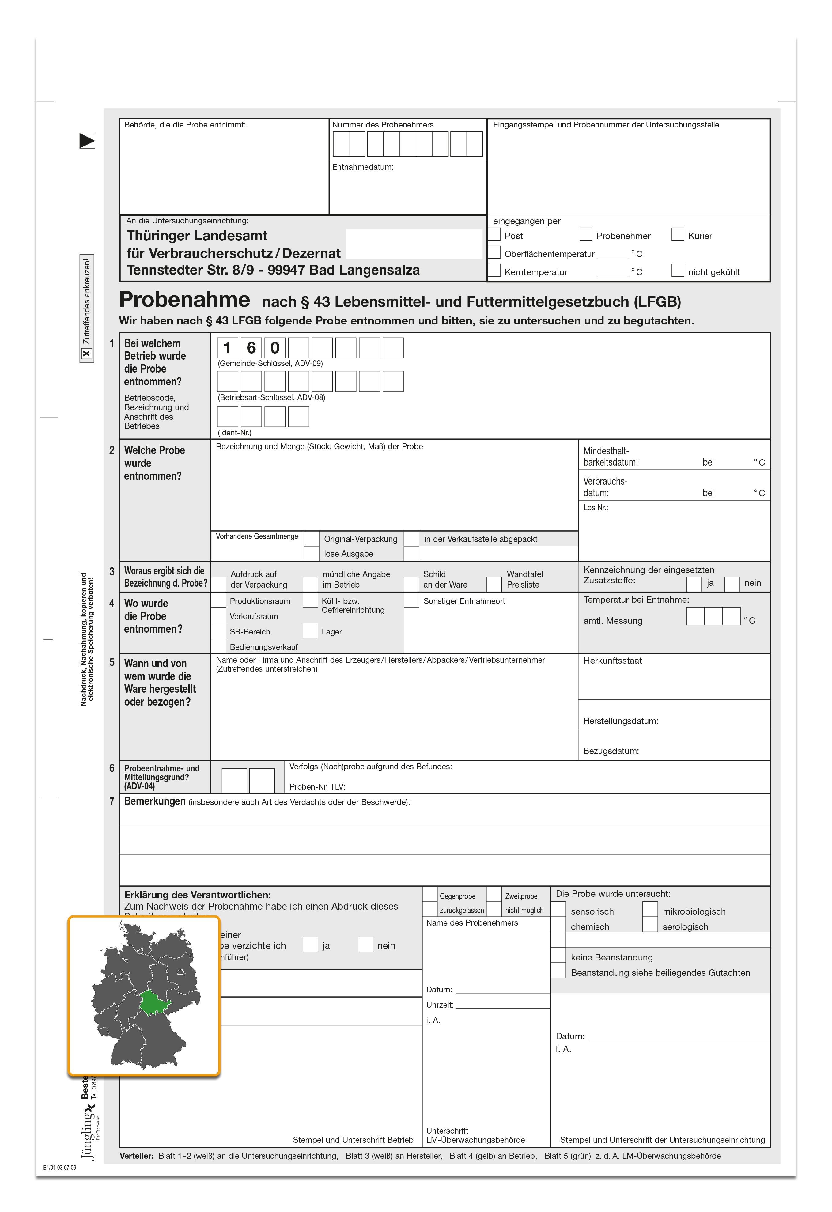 Probenahmeniederschrift Thüringen nach § 43 LFGB, A4 5-fach