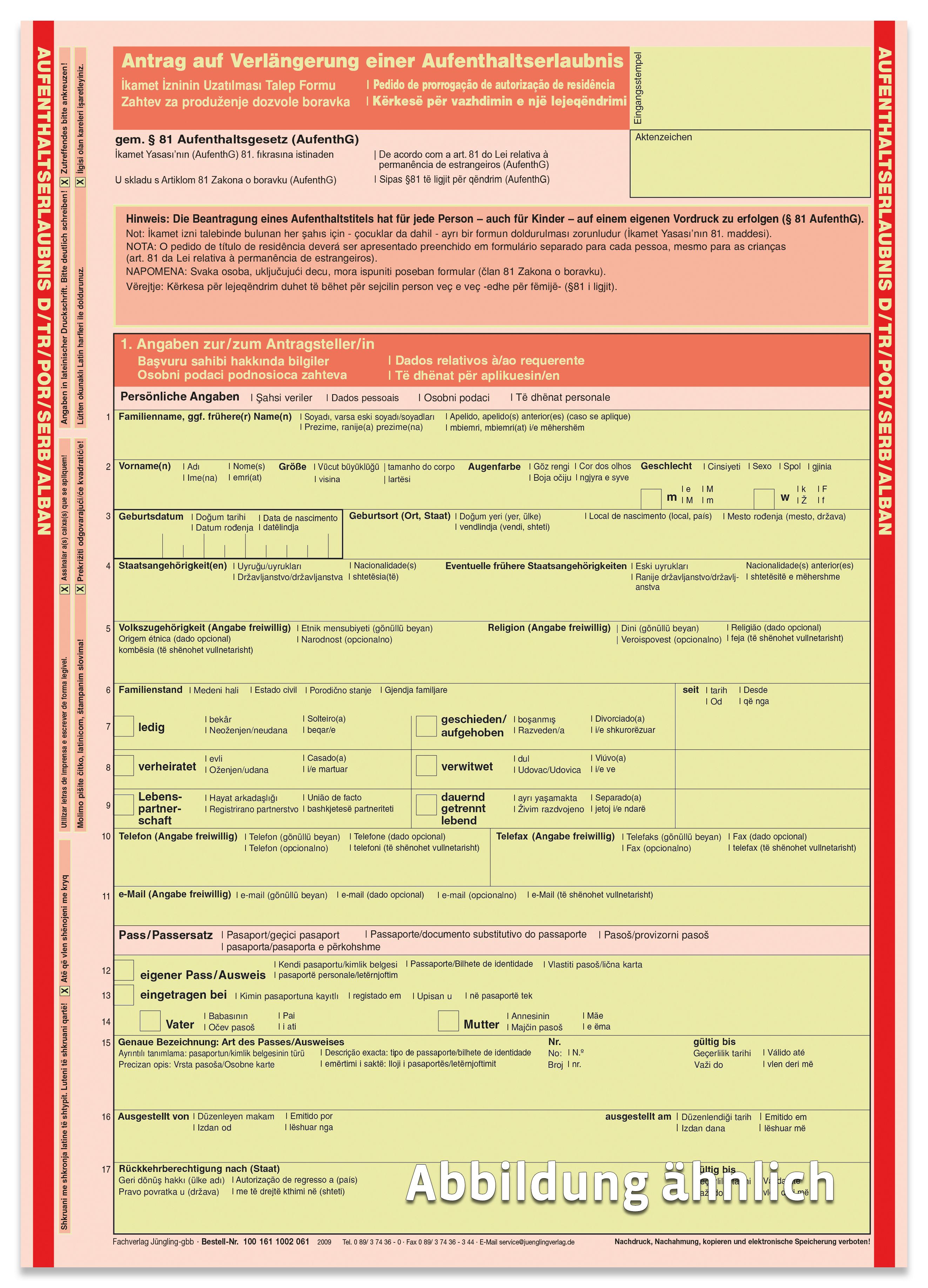 Antrag auf Verlängerung einer Aufenthaltserlaubnis, mehrsprachig