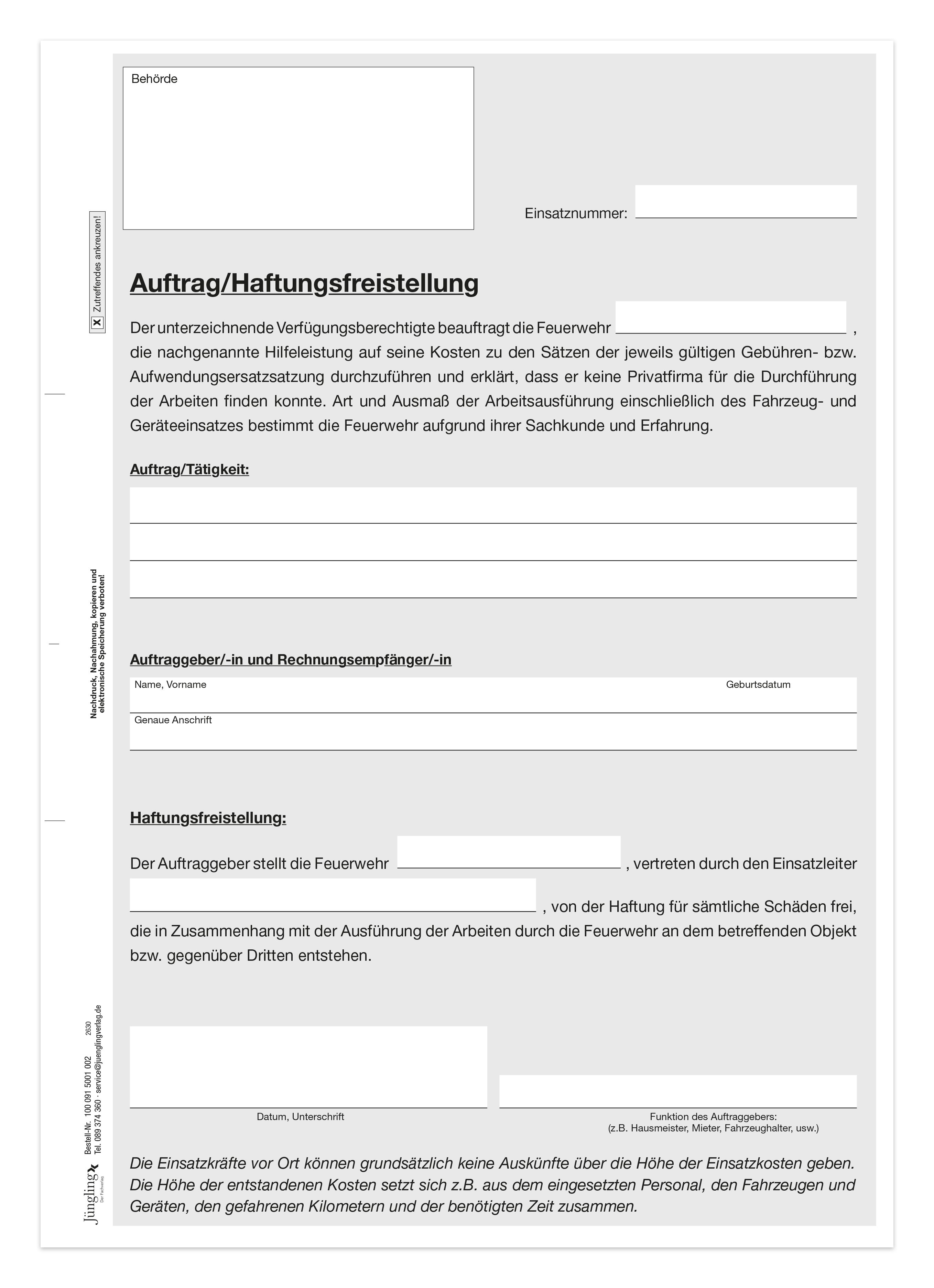 Auftrag - Haftungsfreistellung Feuerwehr A4, Block à 25 Sätze, 2-fach