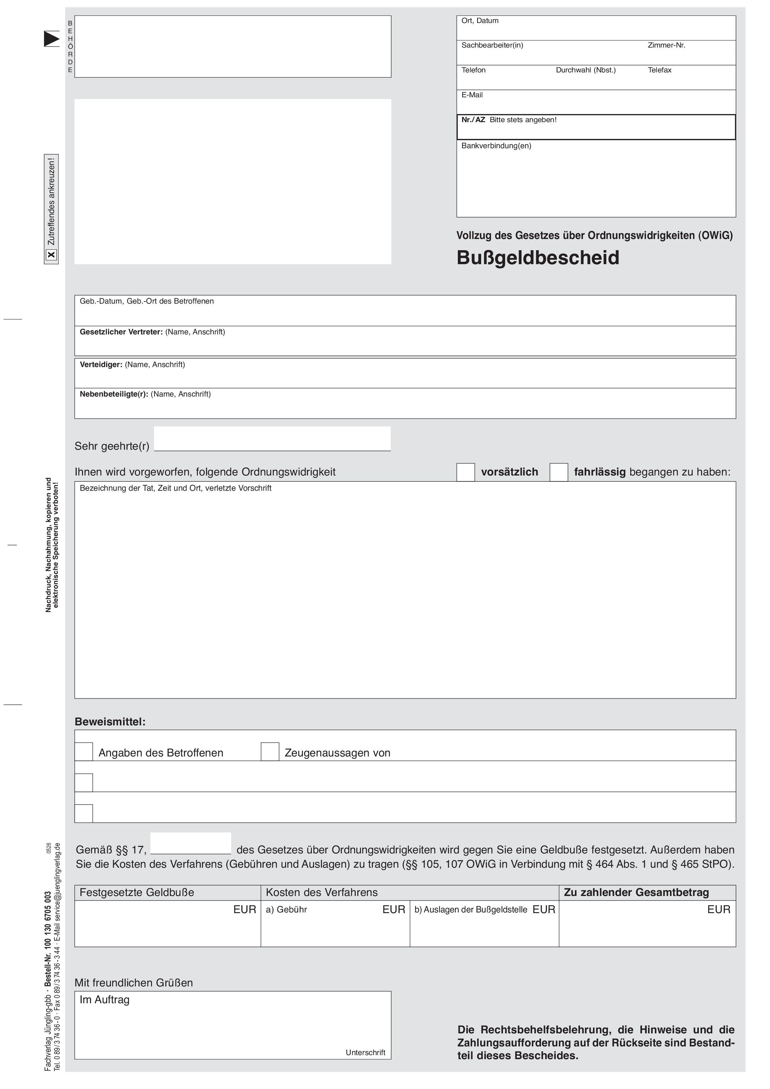 Bußgeldbescheid, 3-fach SD, DIN A4