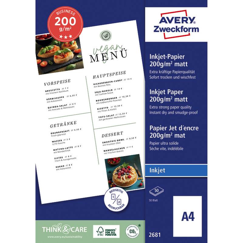 AVERY Zweckform Business Inkjet Papier, DIN A4, 200 g/m², Packung: 50 Blatt