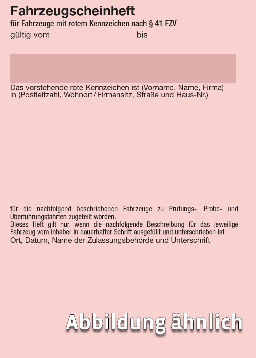Fahrzeugscheinheft für Rote Kennzeichen, 20 Einträge, DIN A7