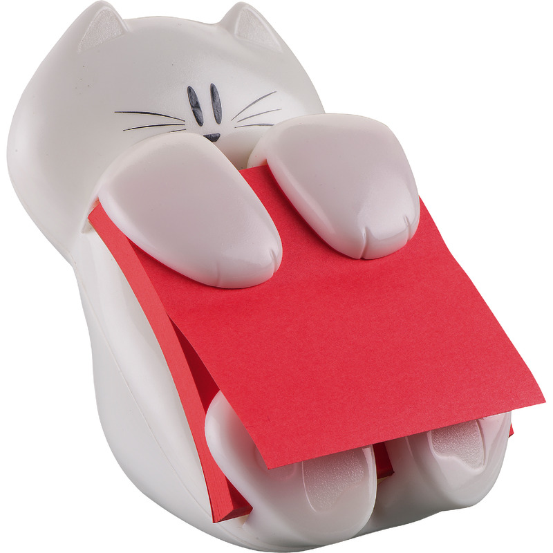 Post-it® Z-Notes Dispenser, Katze, Weiß + Post-it® Super Sticky Z-Notes, Pink, 76 mm x 76 mm, 90 Blatt/Block - weiß