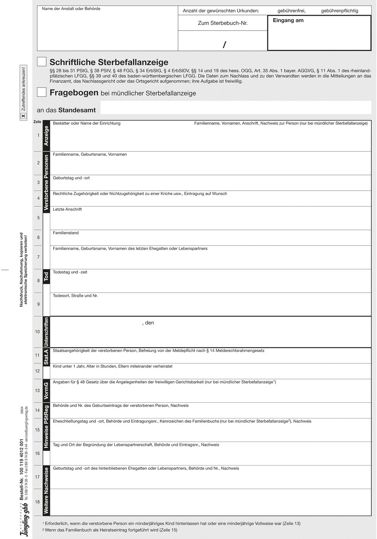 Sterbefallanzeige gemäß PStG, A4