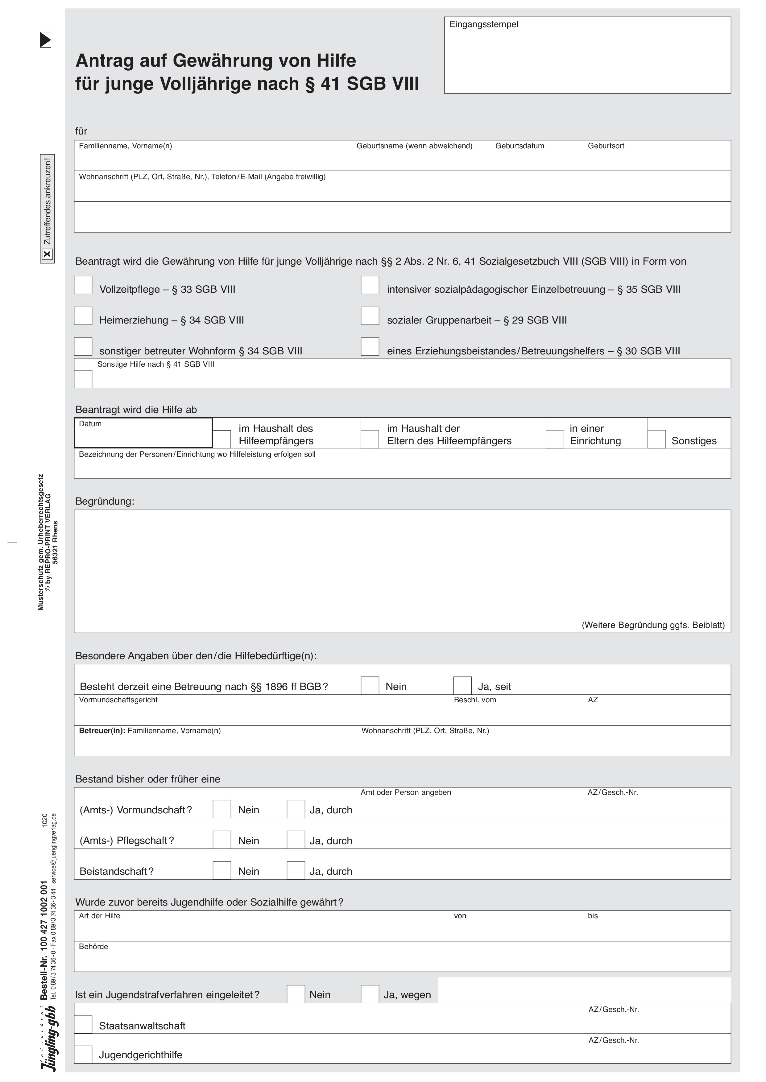Antrag auf Gewährung von Hilfe für junge Volljährige nach § 41 SGB VIII, A4 4-seitig