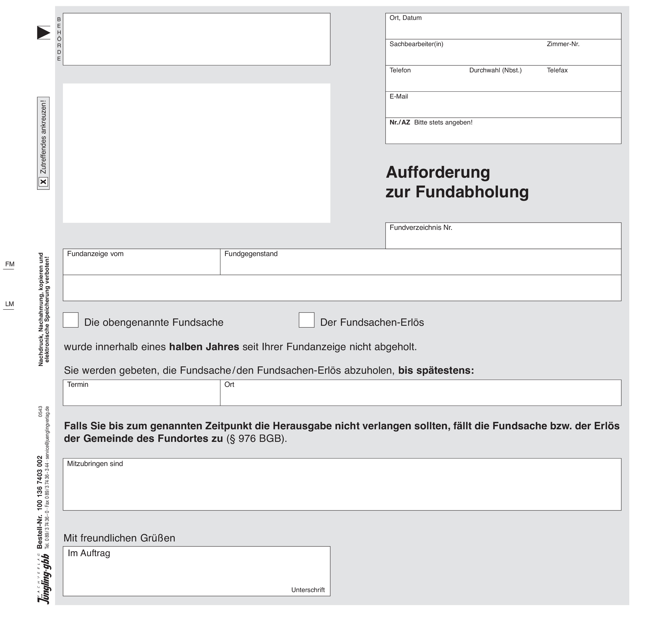 Aufforderung Fundabholung an Finder, 2/3 DIN A4, 2-fach SD