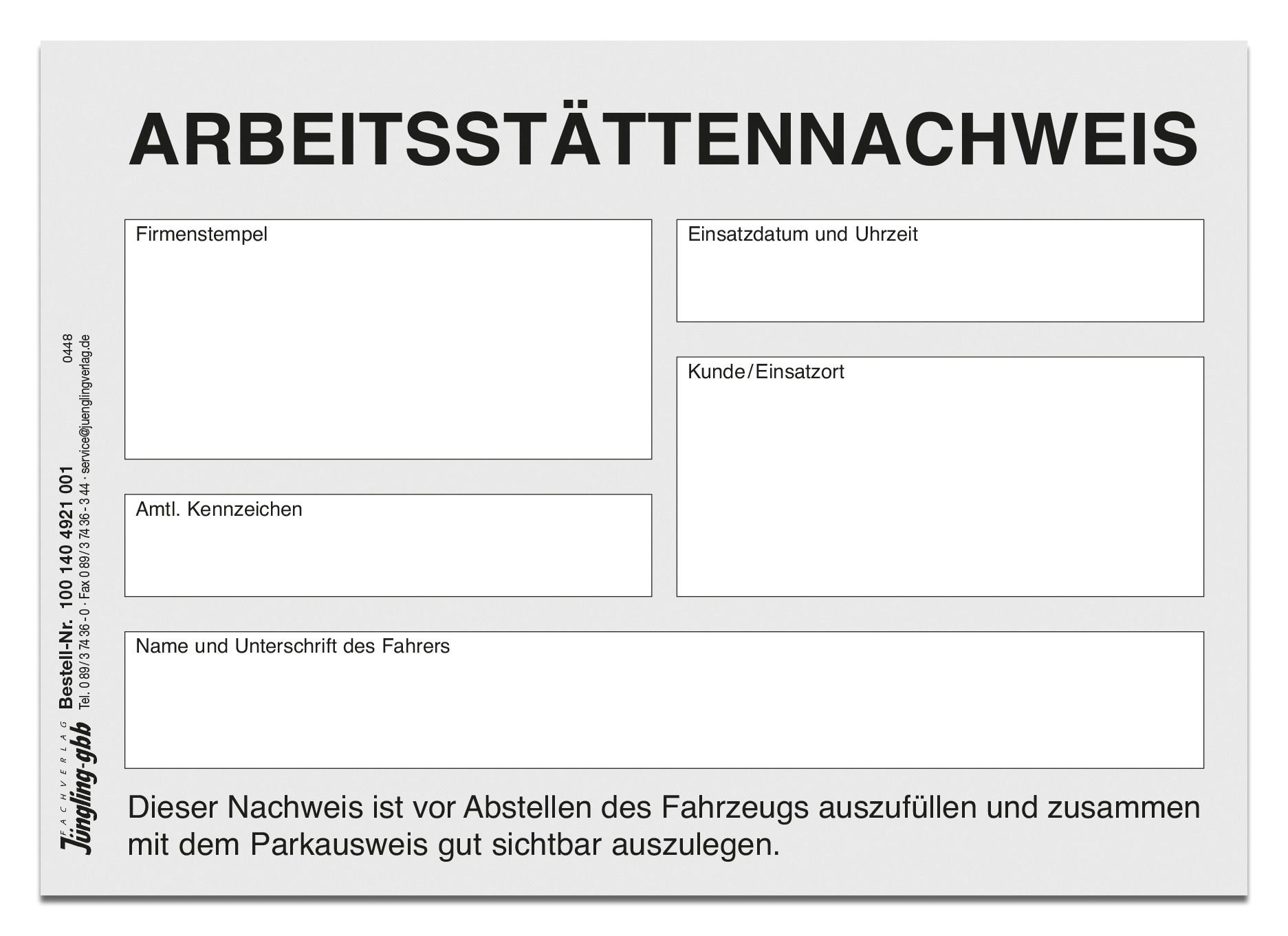 Arbeitsstättennachweis A6 zum Parkausweis Handwerker