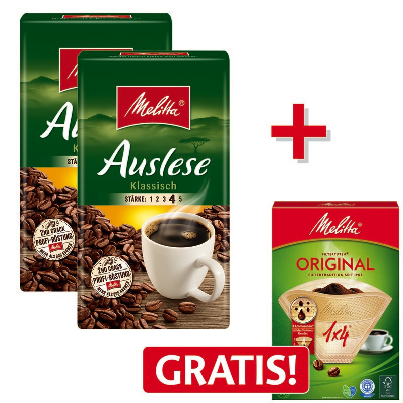 Spar-Set! 2 Packungen Melitta Cafè Auslese, 500 g, gemahlen + Kaffeefilter GRATIS Spar-Set! 2 Packungen Melitta Cafè Auslese, 500 g, gemahlen + Kaffeefilter GRATIS