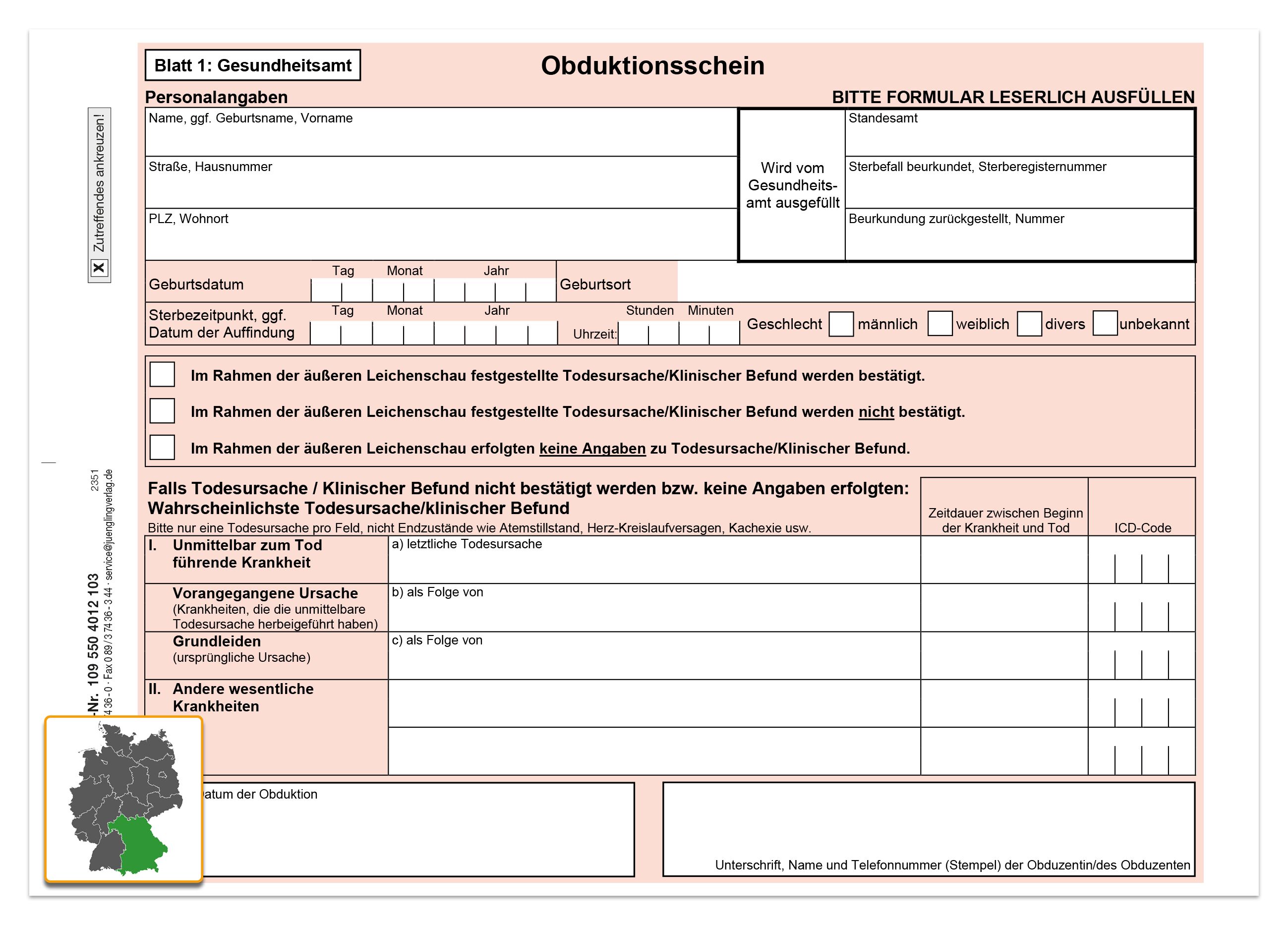 Obduktionsschein, Bayern, A5 3-fach (2025)