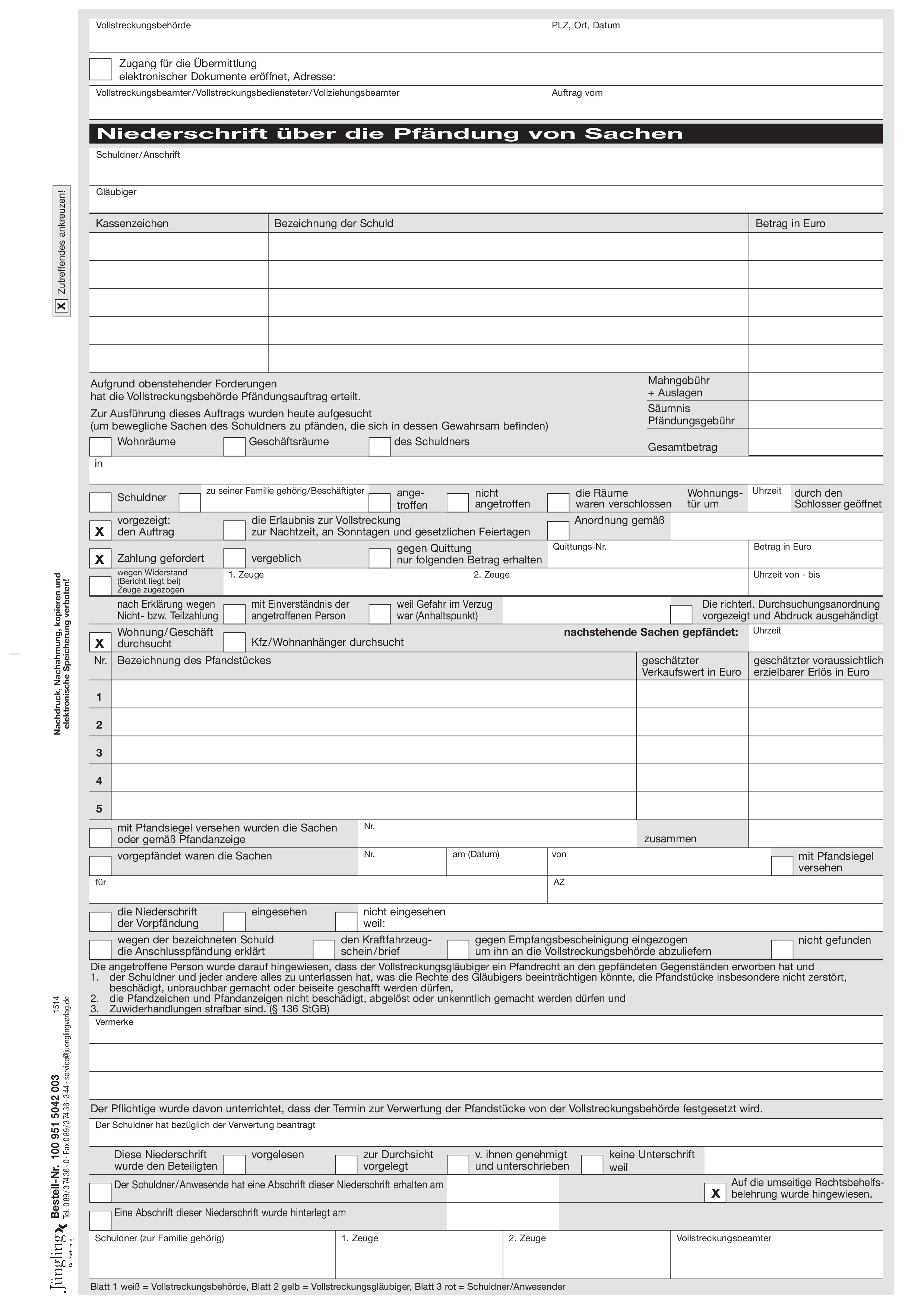Niederschrift Pfändung von Sachen, A4 3-fach Niederschrift Pfändung von Sachen, A4 3-fach