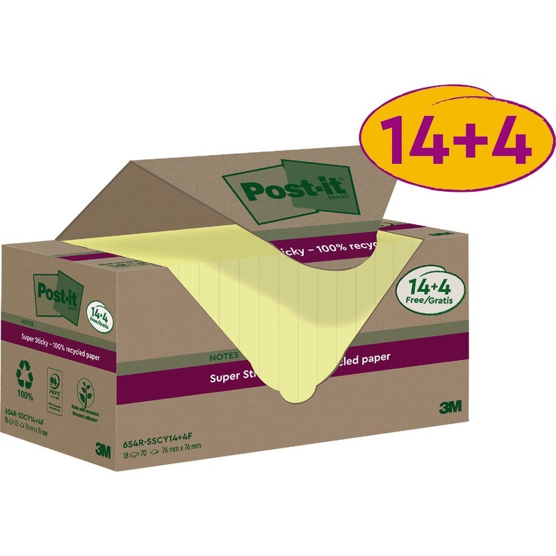 14 + 4 GRATIS! 18 Blöcke Post-it® Haftnotizen Super Sticky Recycling Notes, 76 x 76 mm, gelb