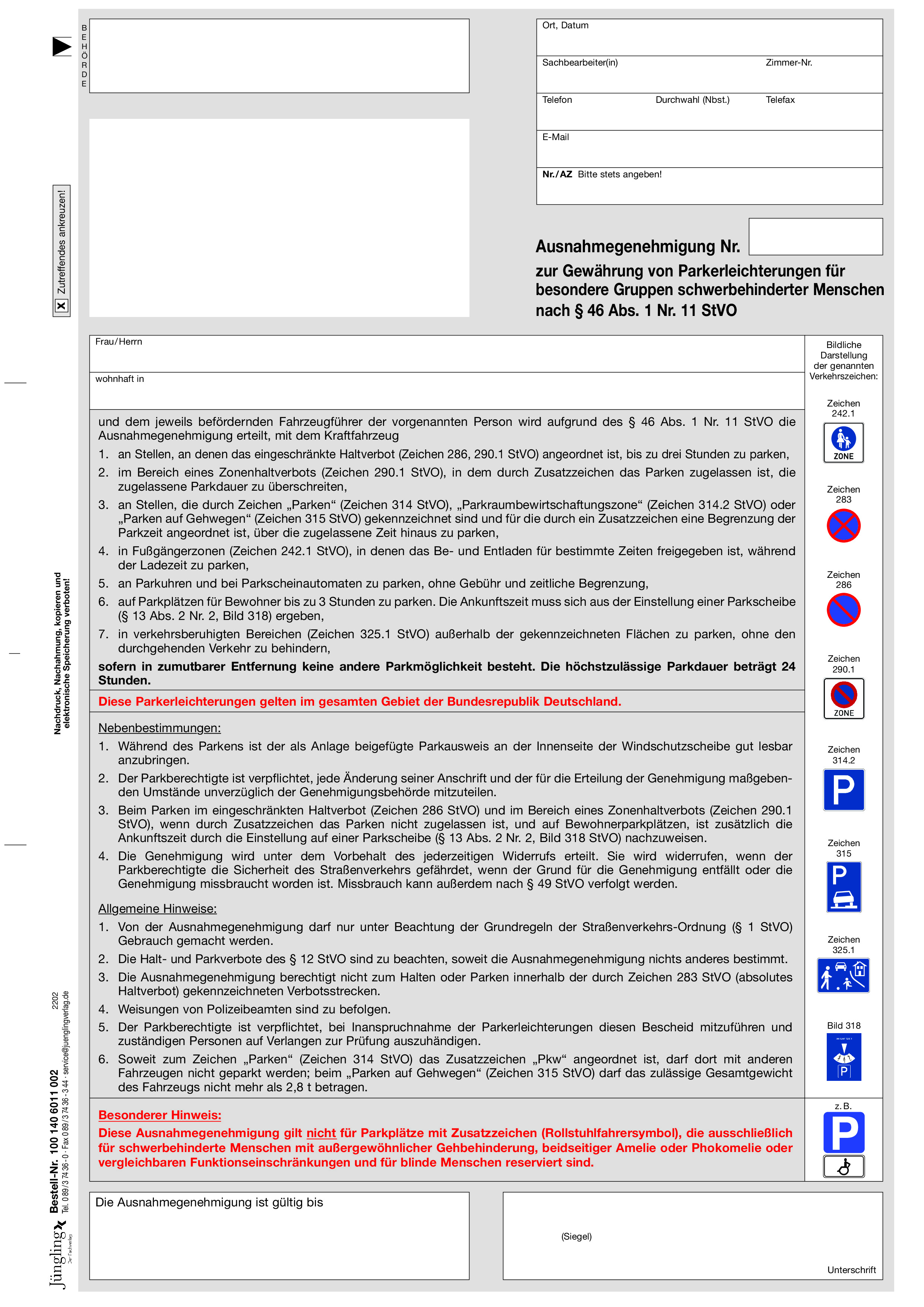 Ausnahmegenehmigung zur Gewährung von Parkerleichterungen für besondere Gruppen schwerbehinderter Menschen nach § 46 Abs. 1 Nr. 11 StVO, A4, 2-fach SD