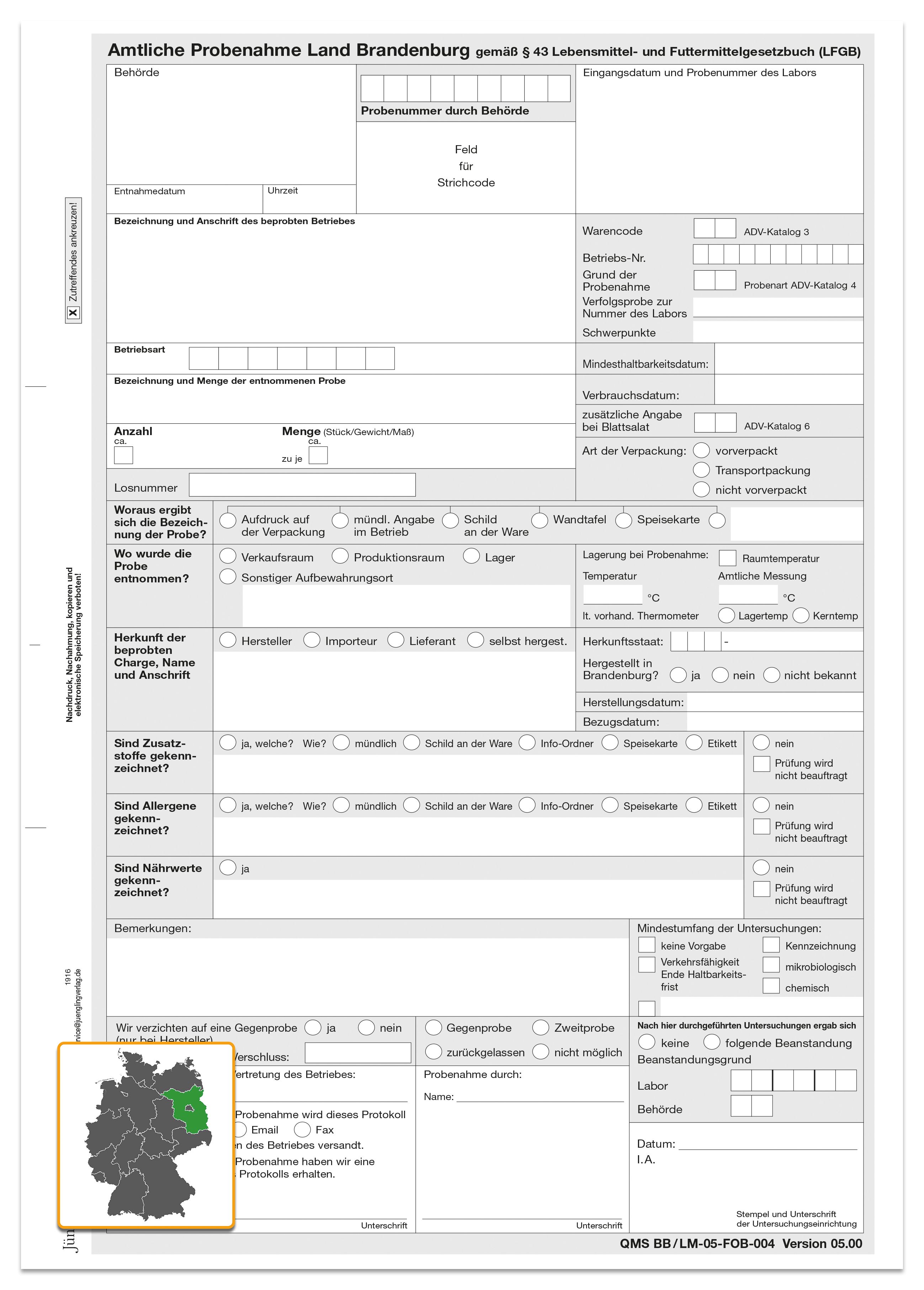 Probenahmeniederschrift Brandenburg, Version 05.00, A4 4-fach