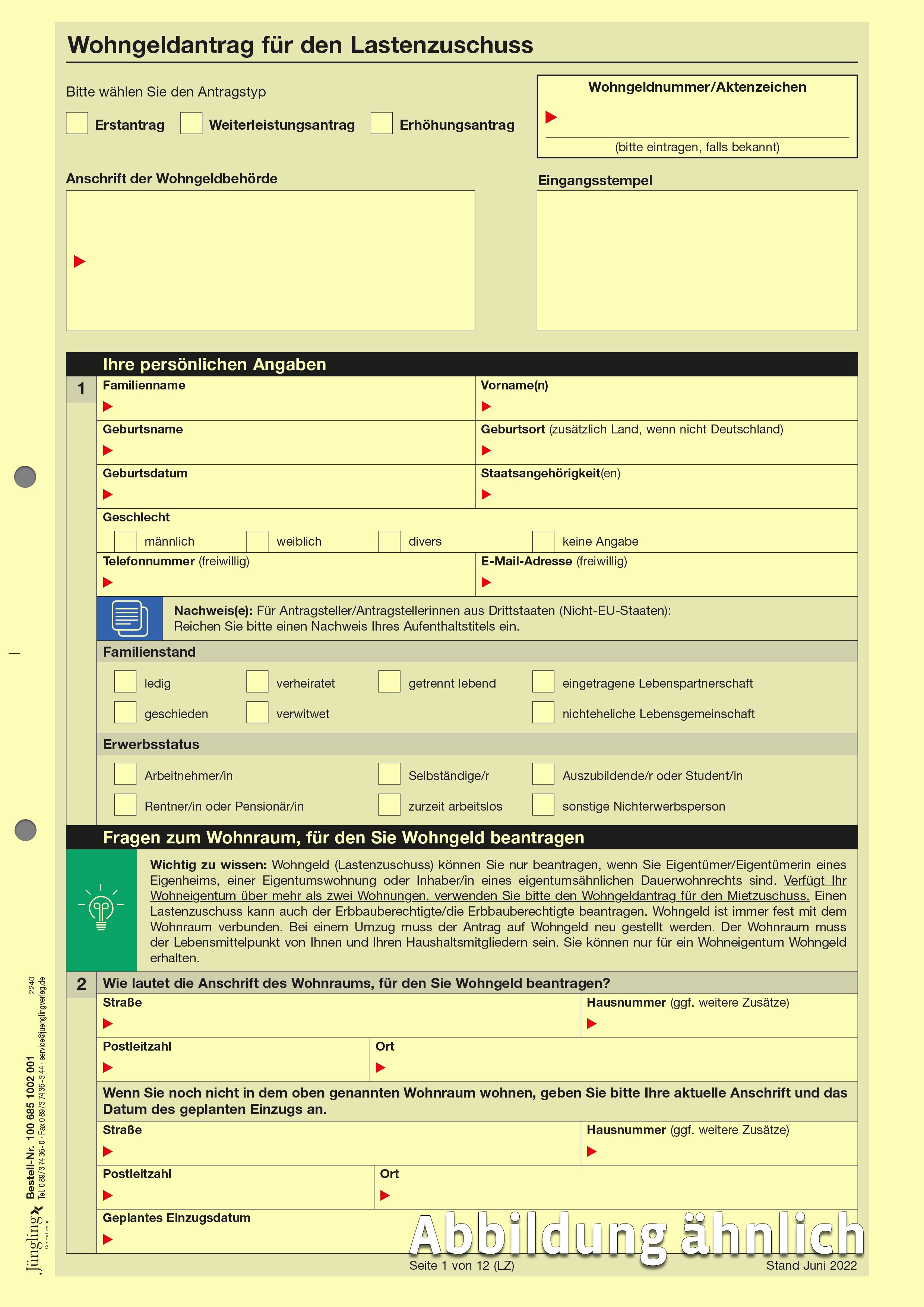 Antrag auf Wohngeld - Lastenzuschuss, A4 12-seitig, gelb
