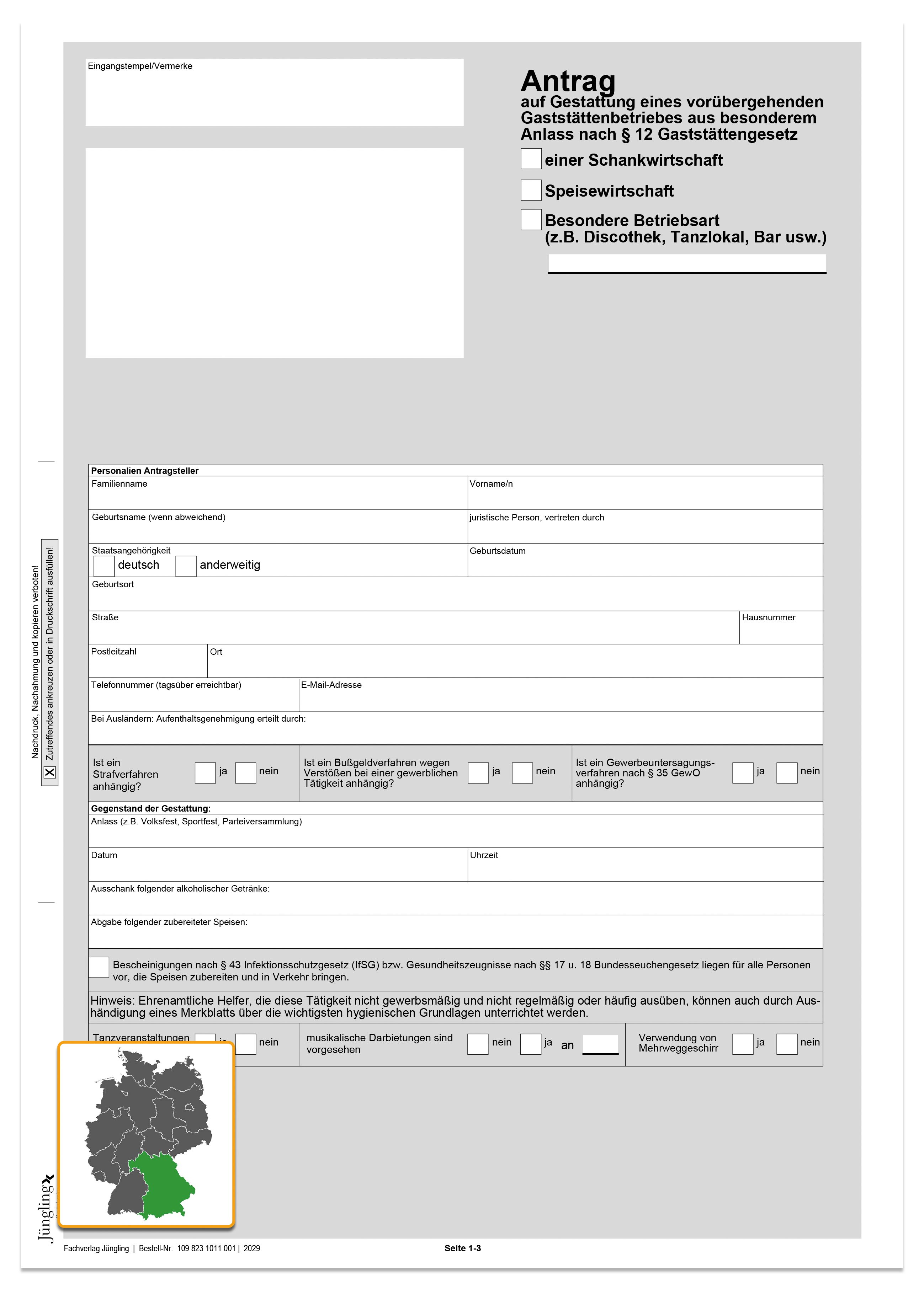 Antrag § 12 Abs.1 GastG, DIN A4 Formular